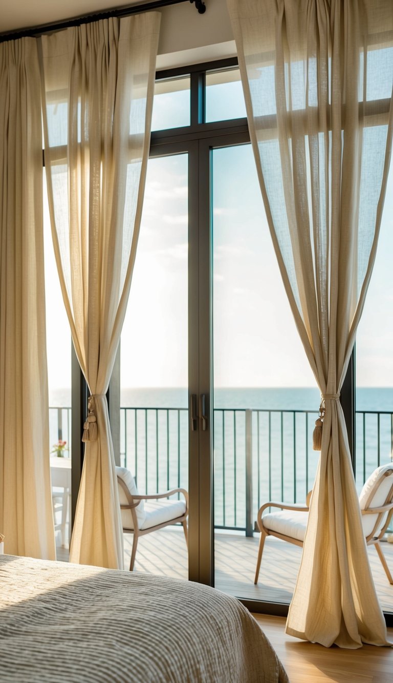 Linen curtains billow in a sunlit master bedroom, creating a breezy and relaxed atmosphere