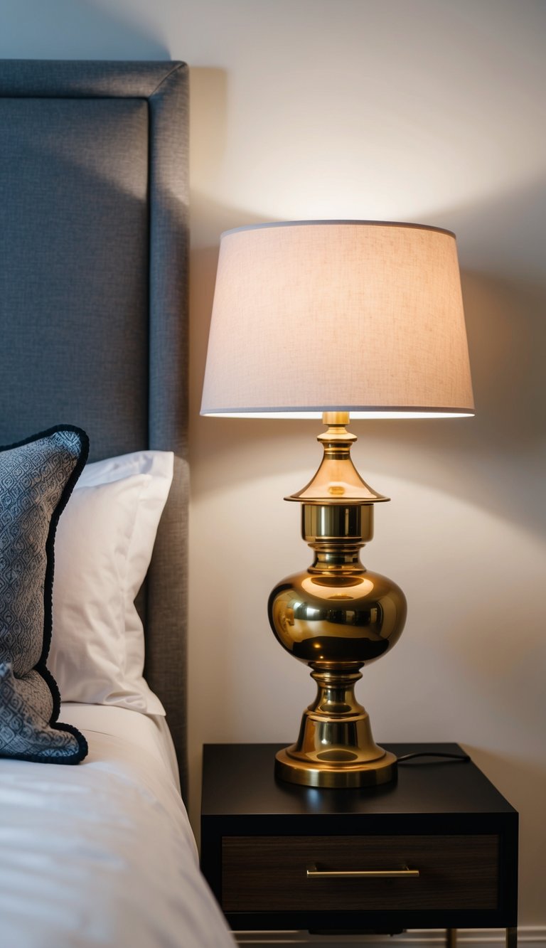 A brass bedside lamp illuminates a modern master bedroom with sleek decor and clean lines
