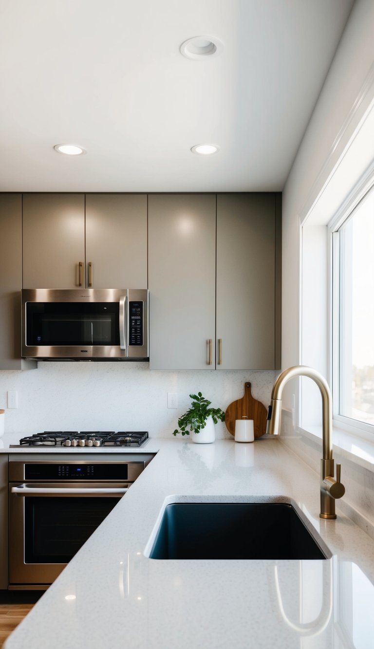 Sleek kitchen showcasing quartz countertops with minimalist decor