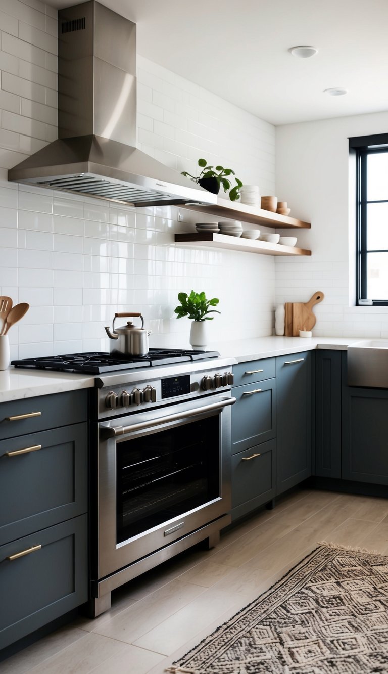 Modern kitchen featuring a glossy subway tile backsplash and stainless steel appliances