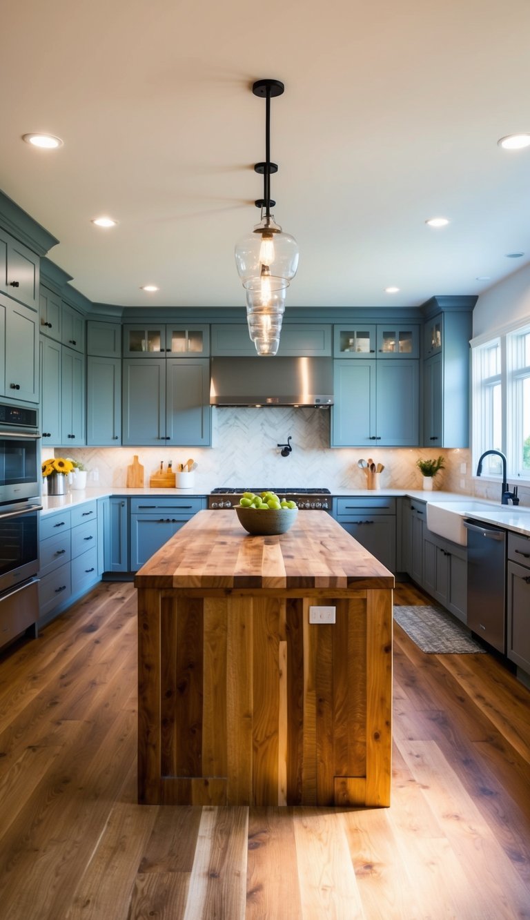 Spacious kitchen featuring a large butcher block island surrounded by modern appliances