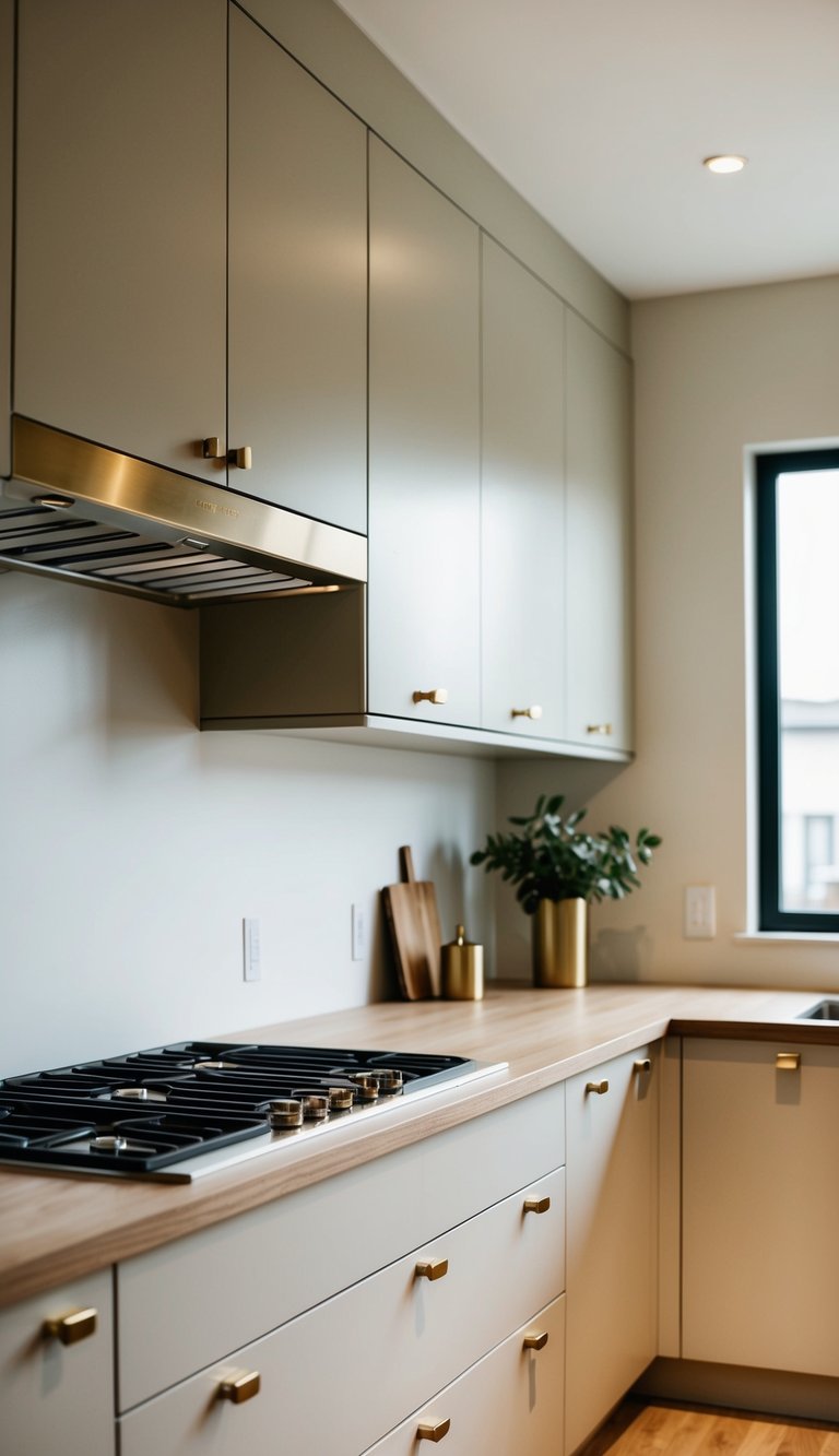 Contemporary kitchen featuring elegant brass hardware
