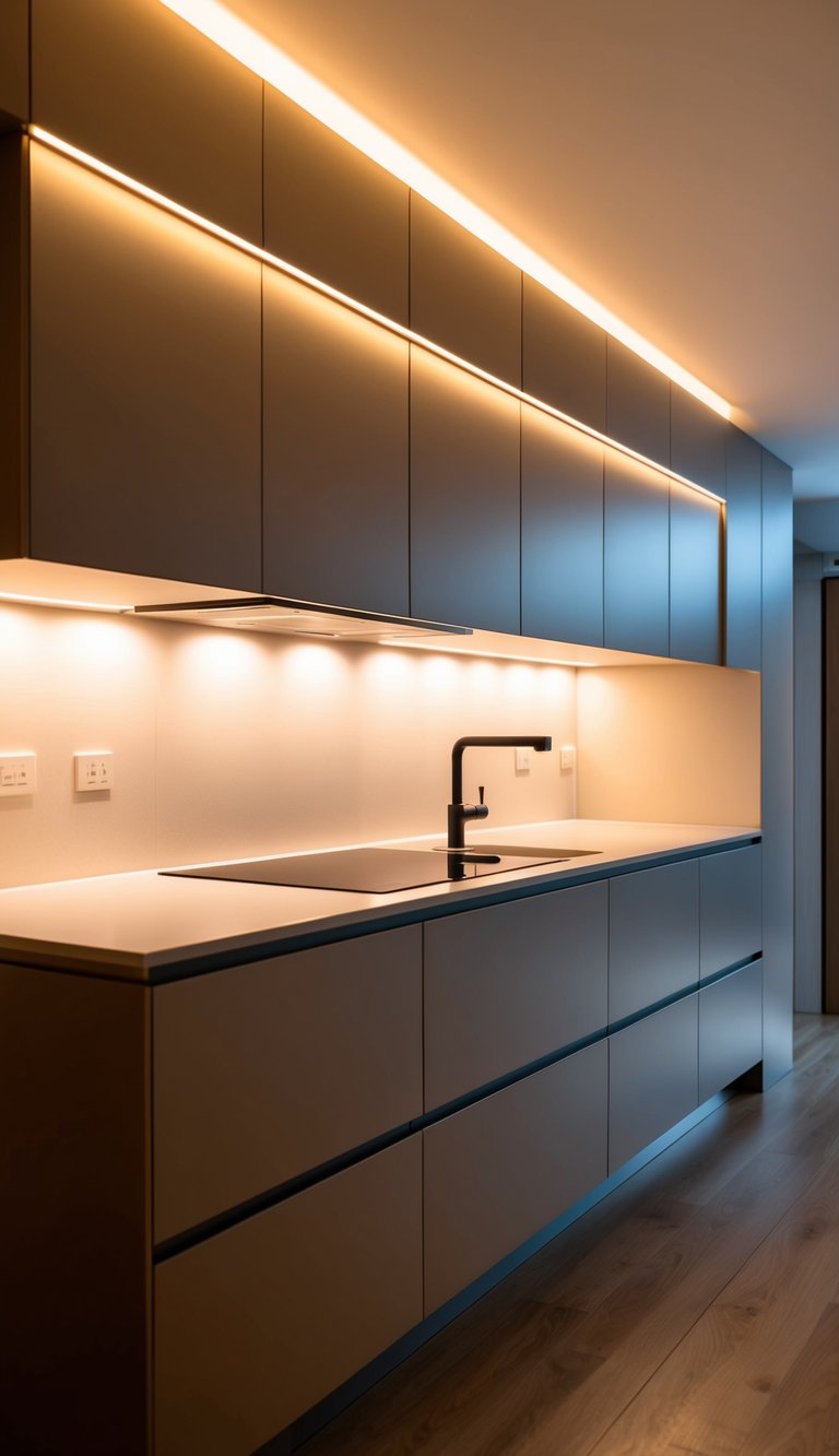 Soft under-cabinet lighting brightening a sleek kitchen countertop
