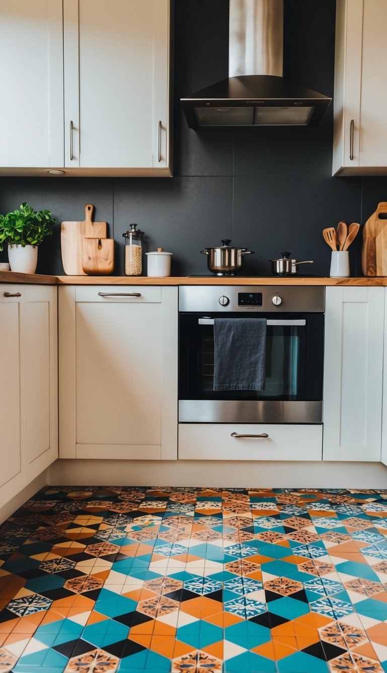 Vibrant patterned floor tiles adding character to a modern kitchen