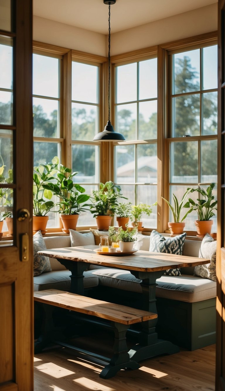 Inviting breakfast nook with rustic wooden table and abundant natural light