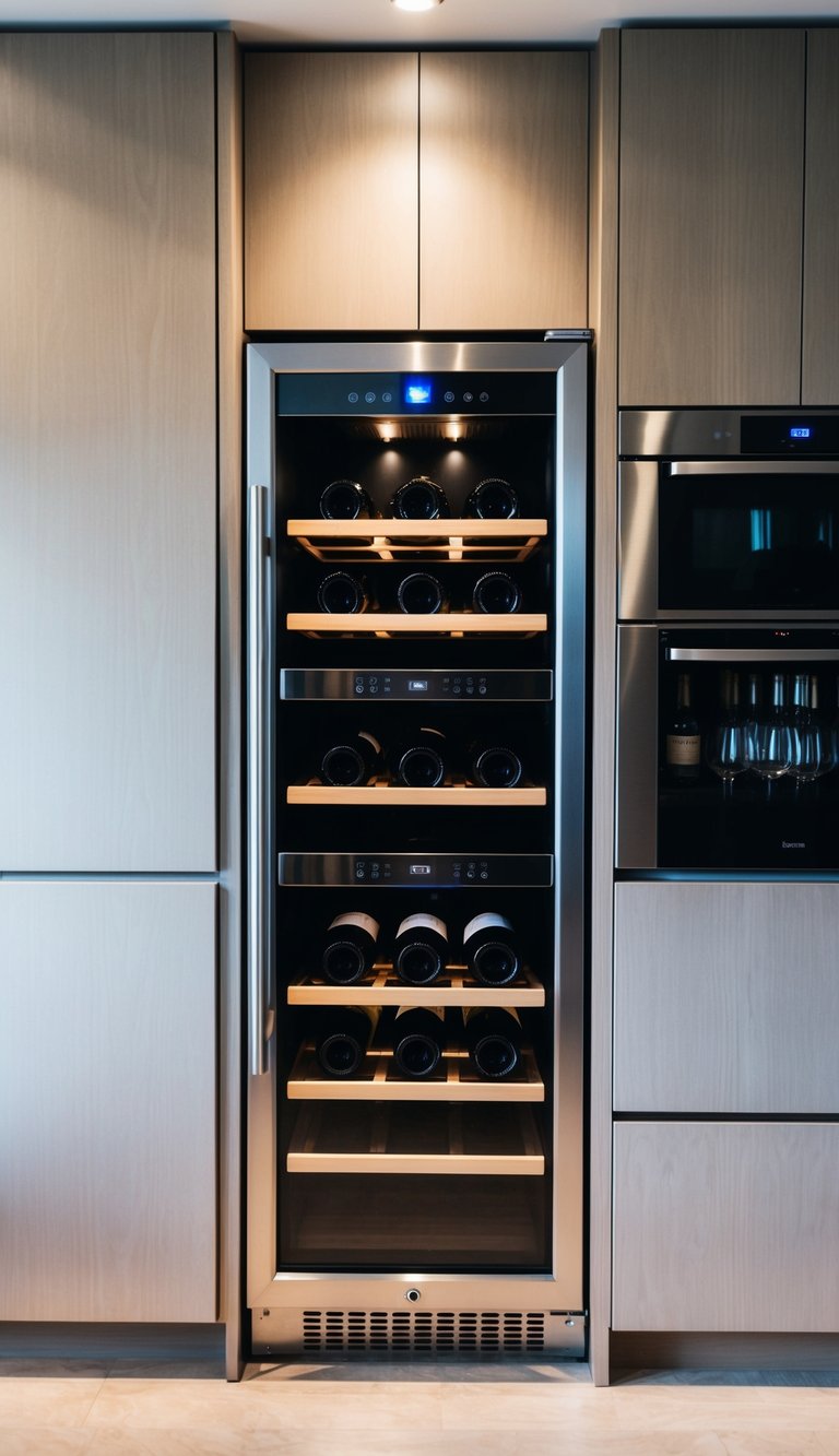 Modern kitchen featuring a built-in wine fridge with soft interior lighting