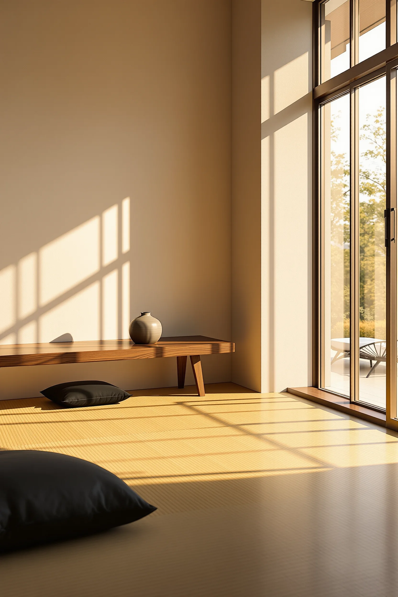 Natural linen textures and dark wood furniture in white space