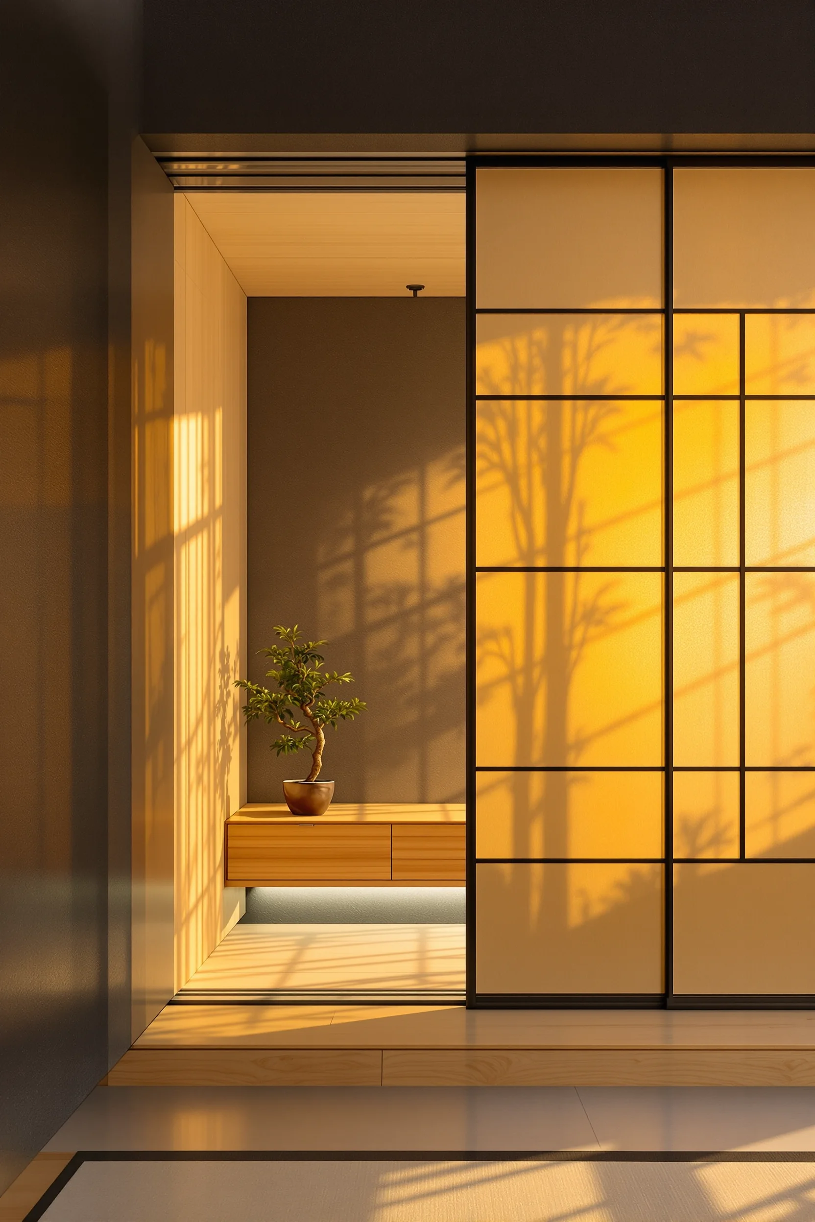 Layered spatial zones with bonsai silhouette and wood details