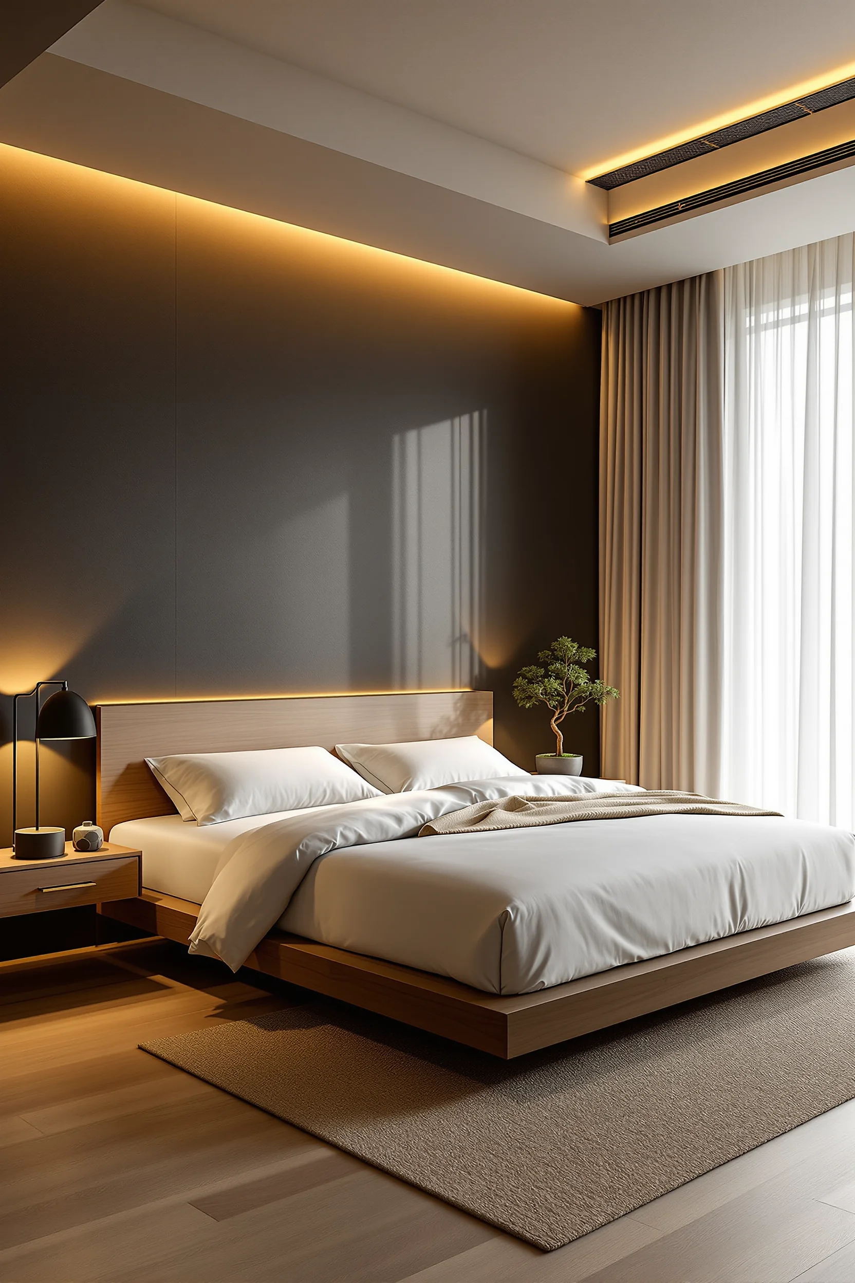 Serene Japanese bedroom with woven jute rug and black reading lamp