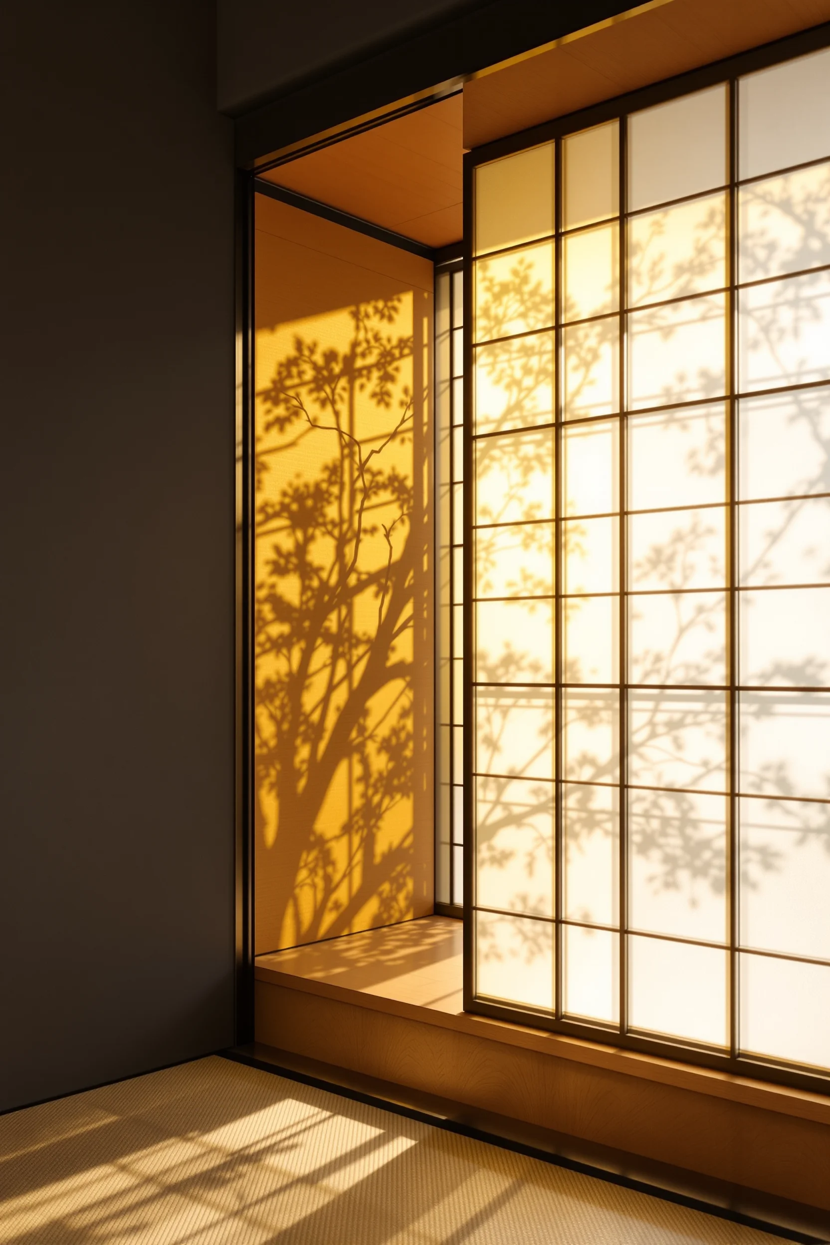 Backlit shoji screen divider with warm amber glow and tatami platform