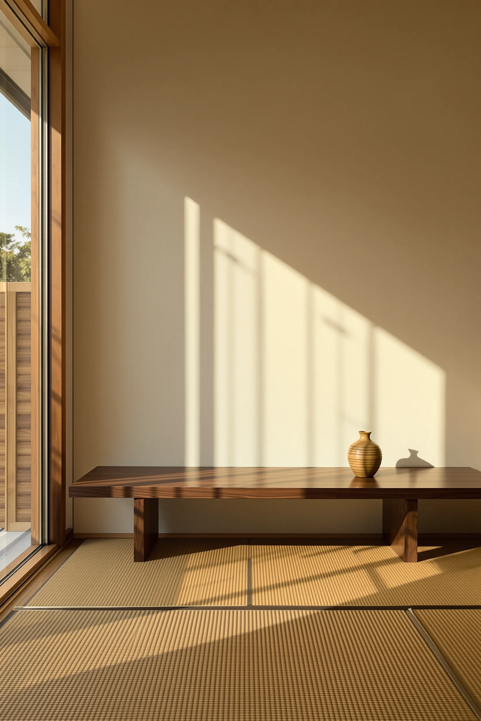 Golden hour light creating dramatic shadows in Japanese apartment