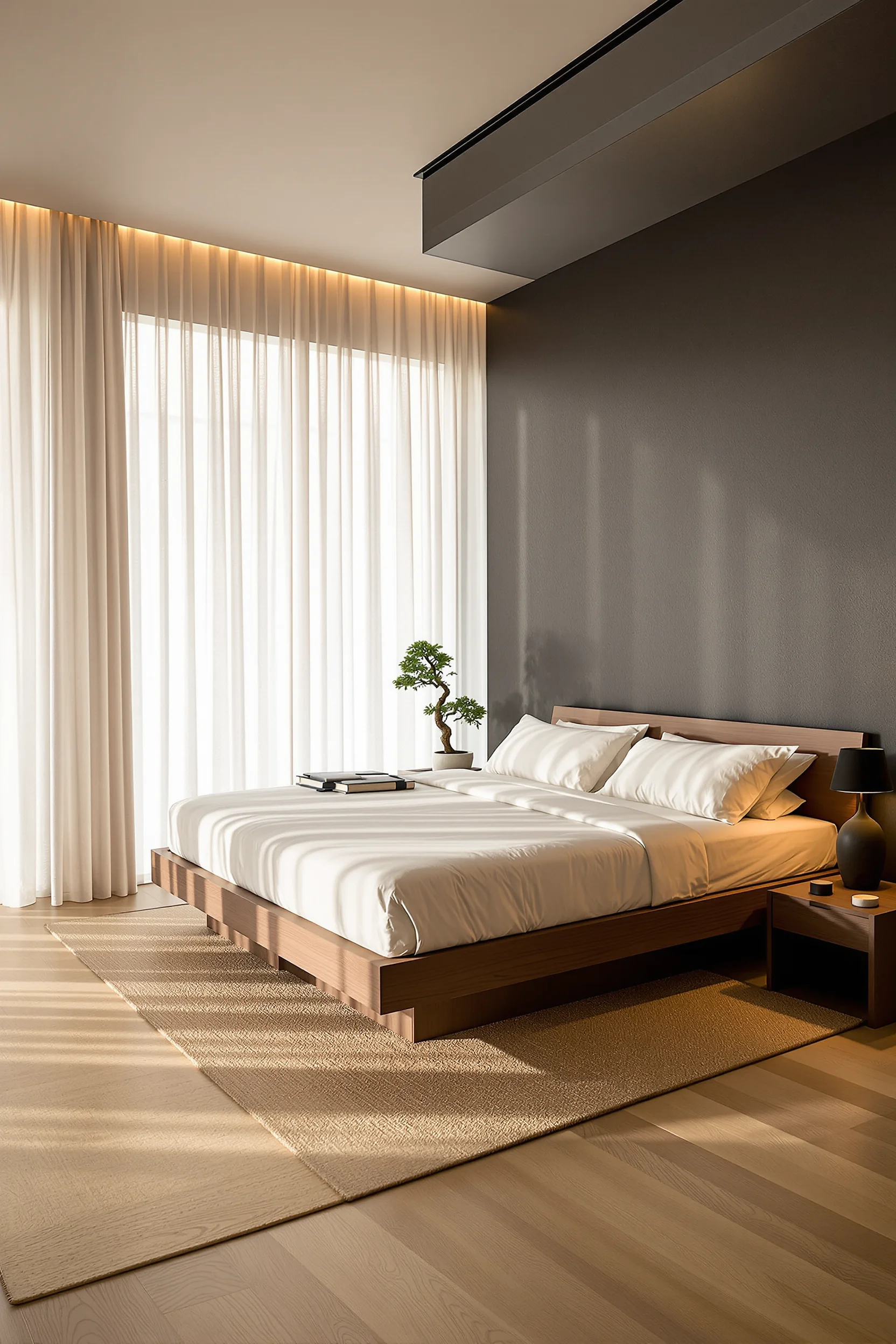 Japanese bedroom with bonsai on nightstand and sheer curtains
