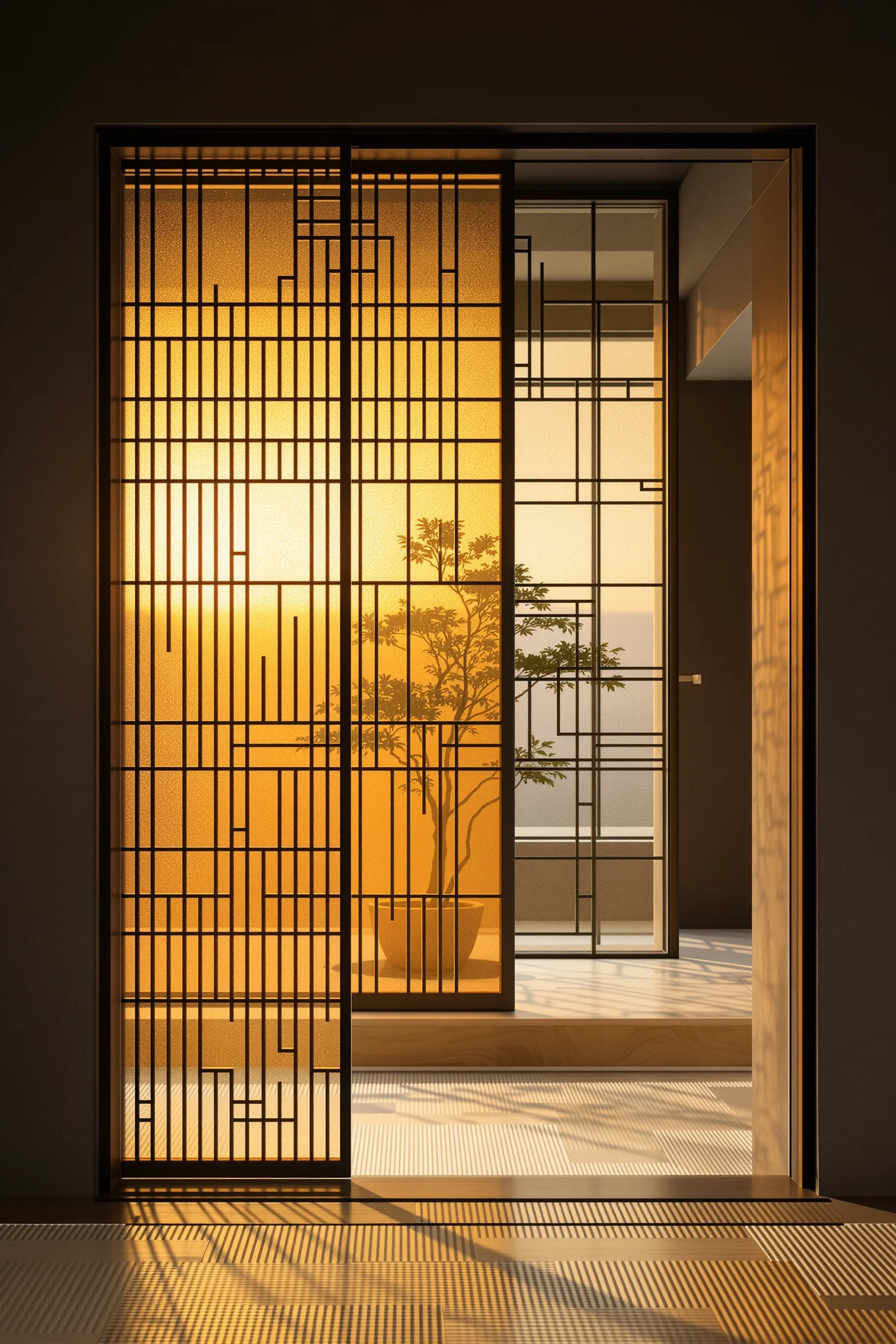 Translucent shoji panel casting geometric shadows on charcoal walls