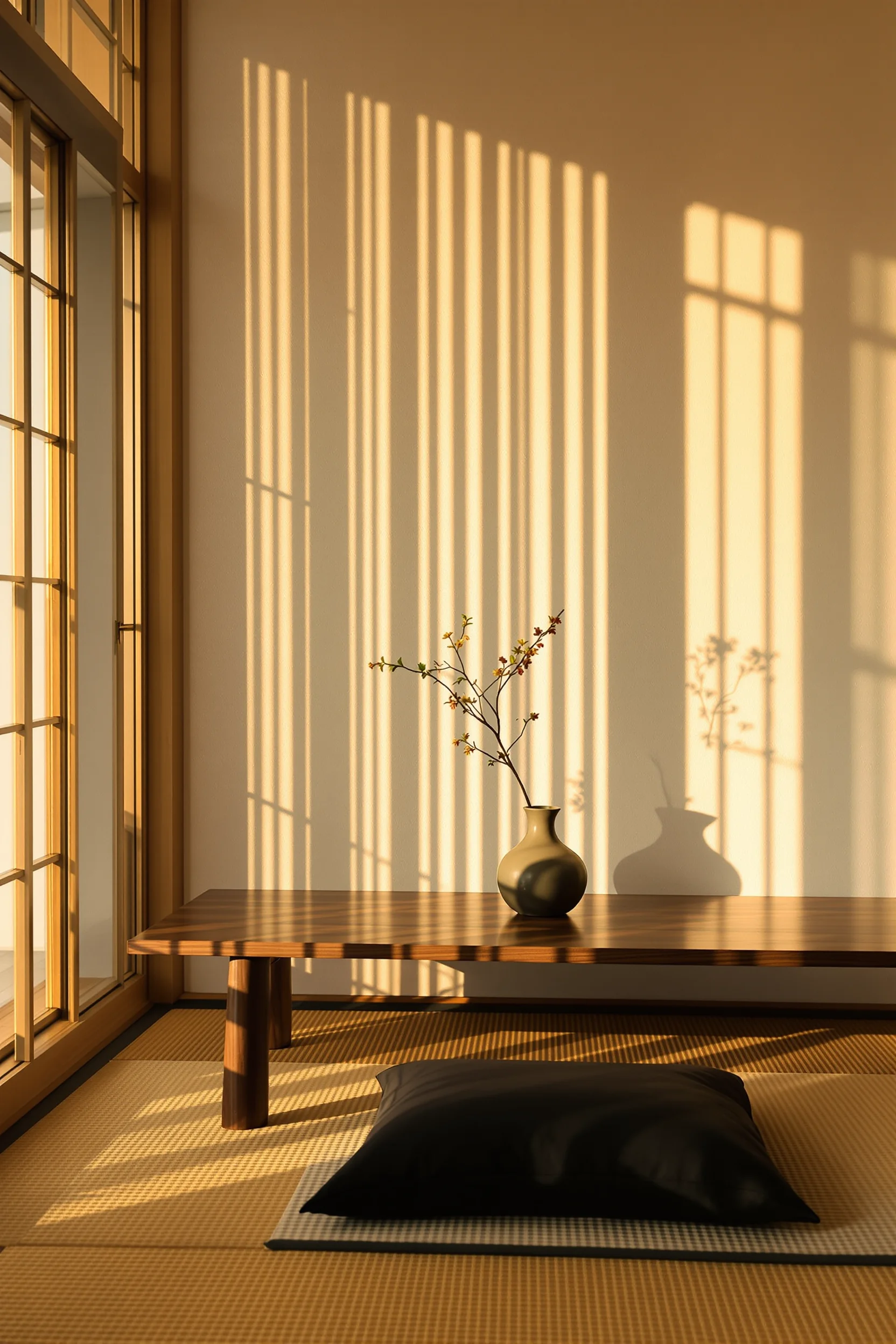 Minimalist black cushion on tatami mat flooring with white walls
