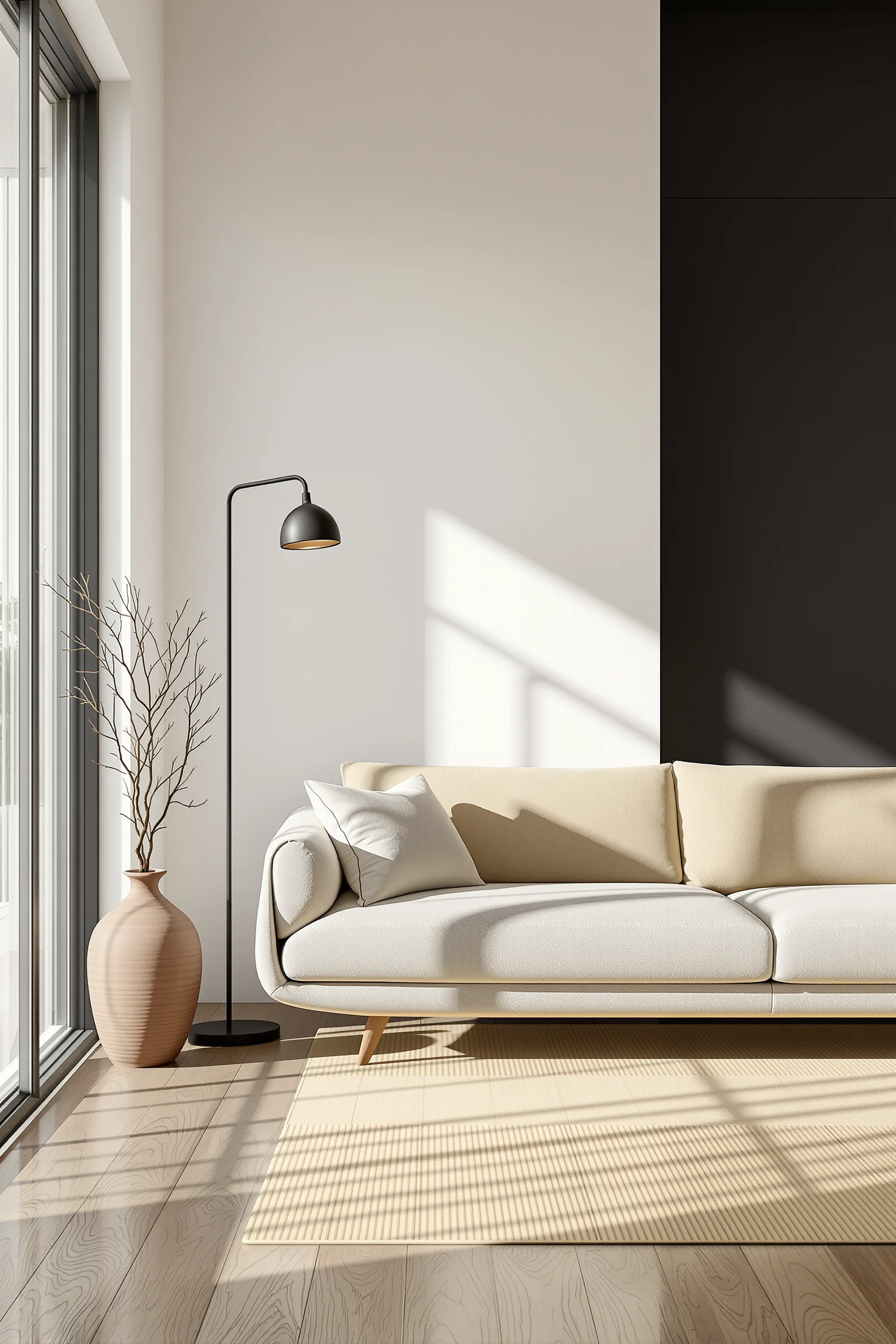 Minimalist living room with white walls and charcoal accent wall