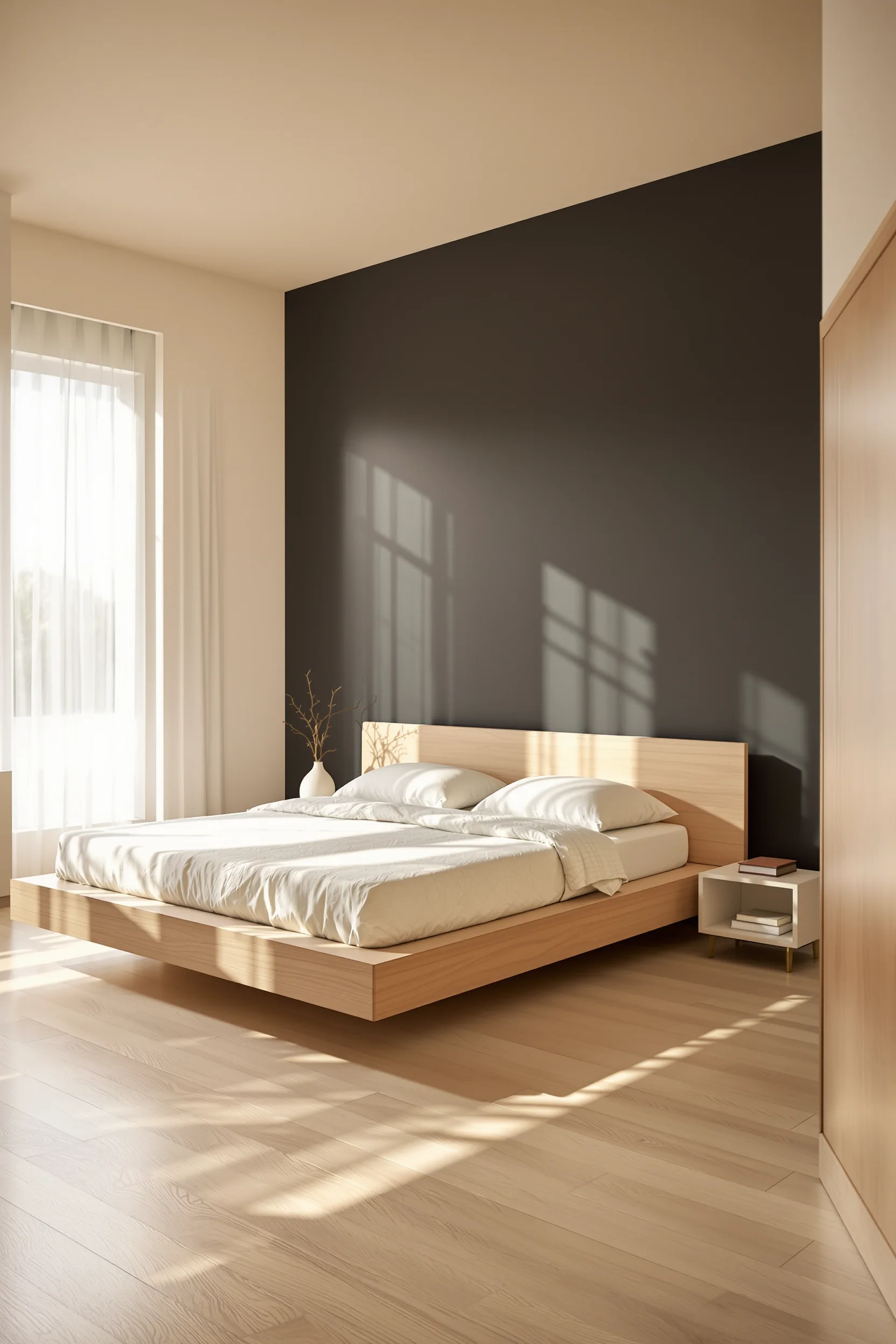 Teak furniture with pale oak flooring and ceramic vase on nightstand