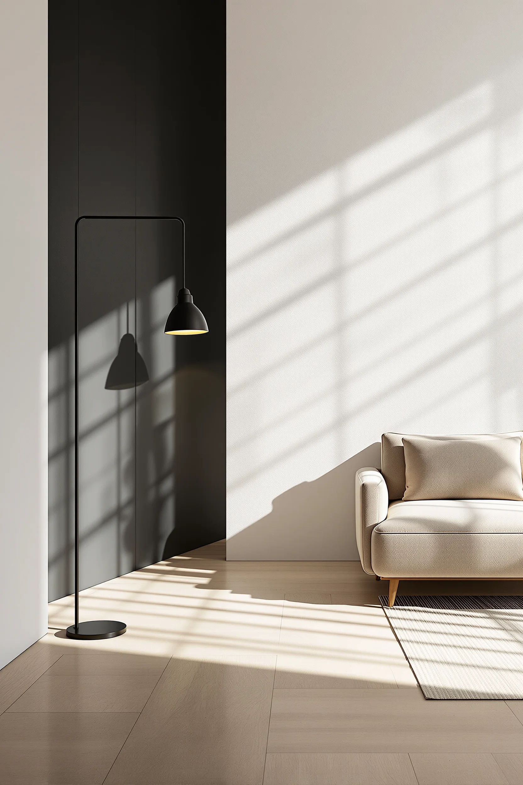 Low profile beige sofa with black floor lamp and ceramic vase