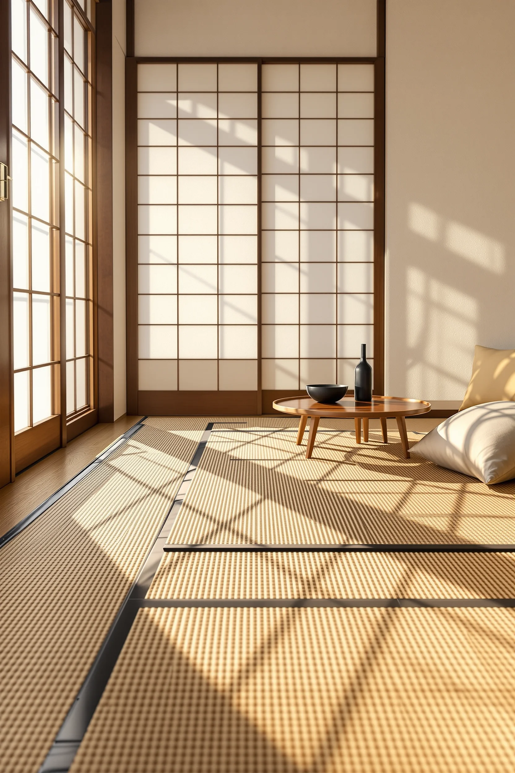 Woven tatami floor with bamboo furniture and shoji screen shadows