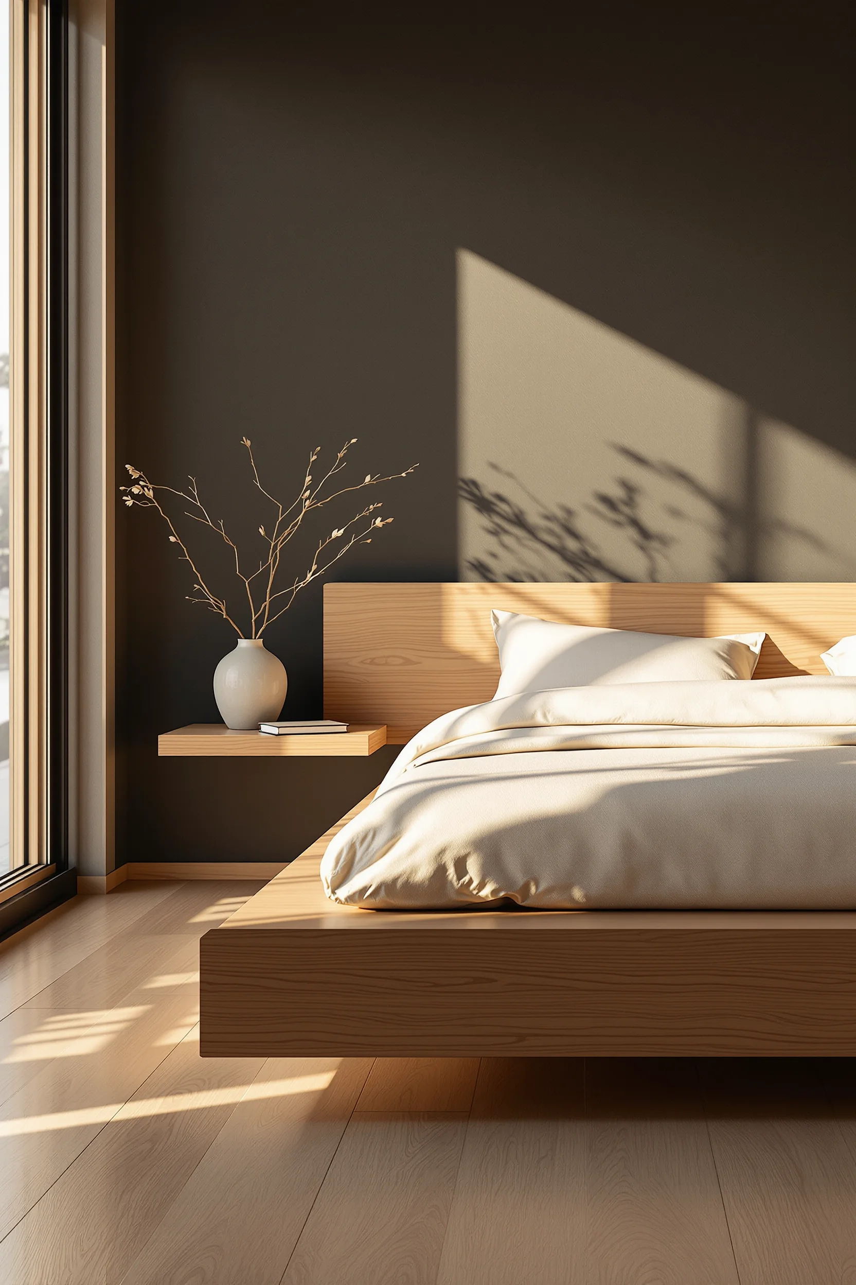 Cream linen bedding and textured fabrics with minimal window