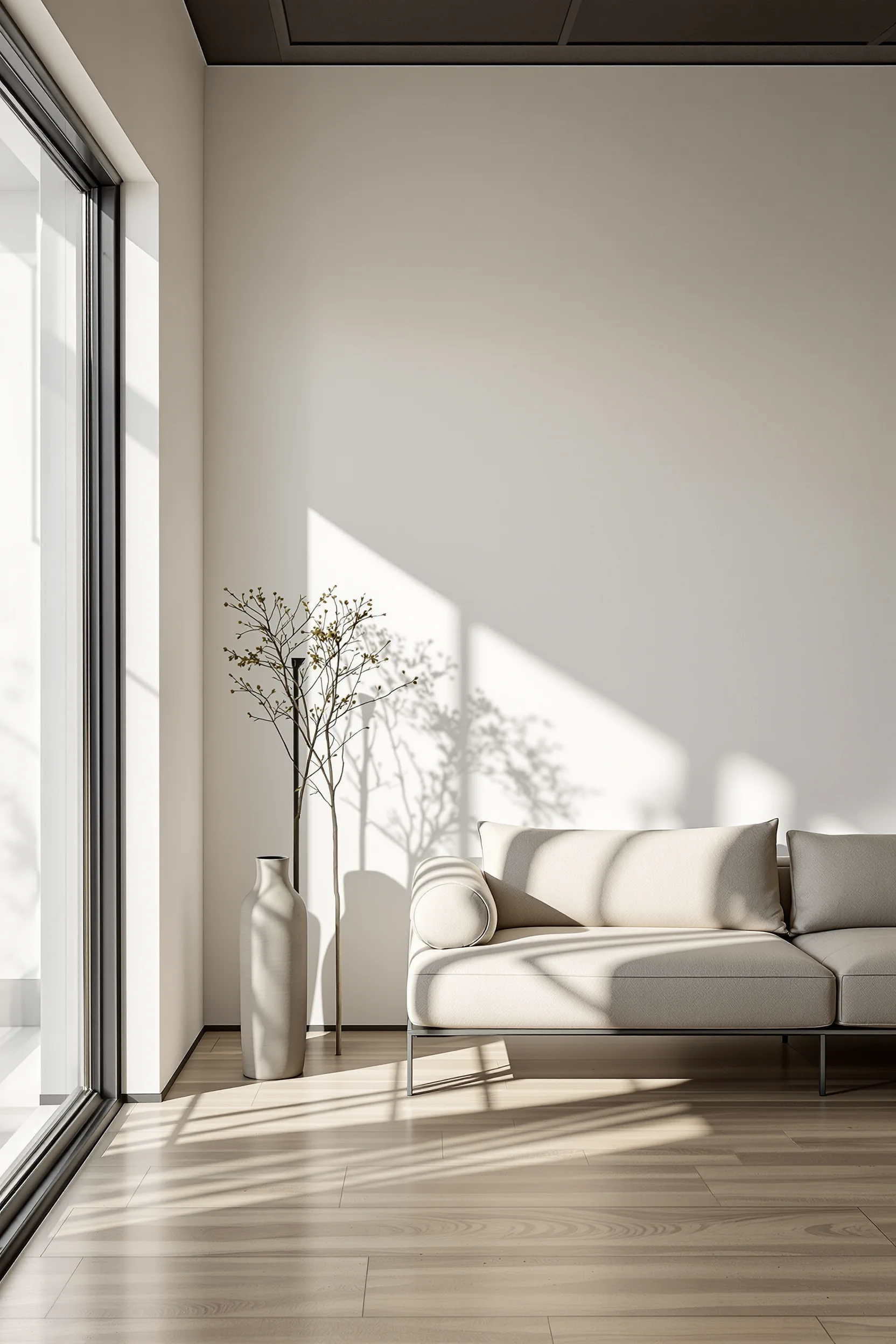 Warm minimalist interior with natural fibers and shadow play