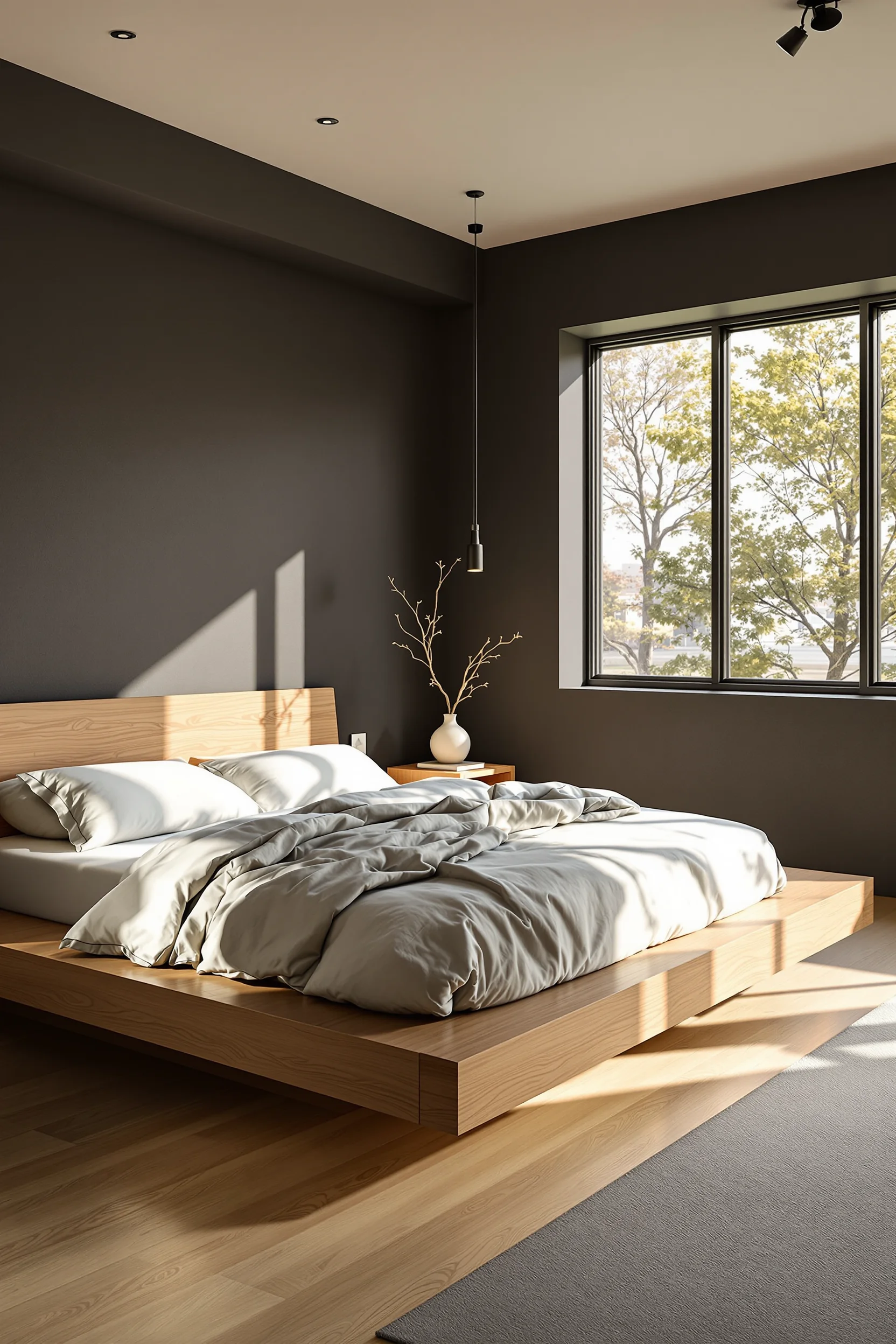 Natural wood platform bed with charcoal accent wall and warm sunlight