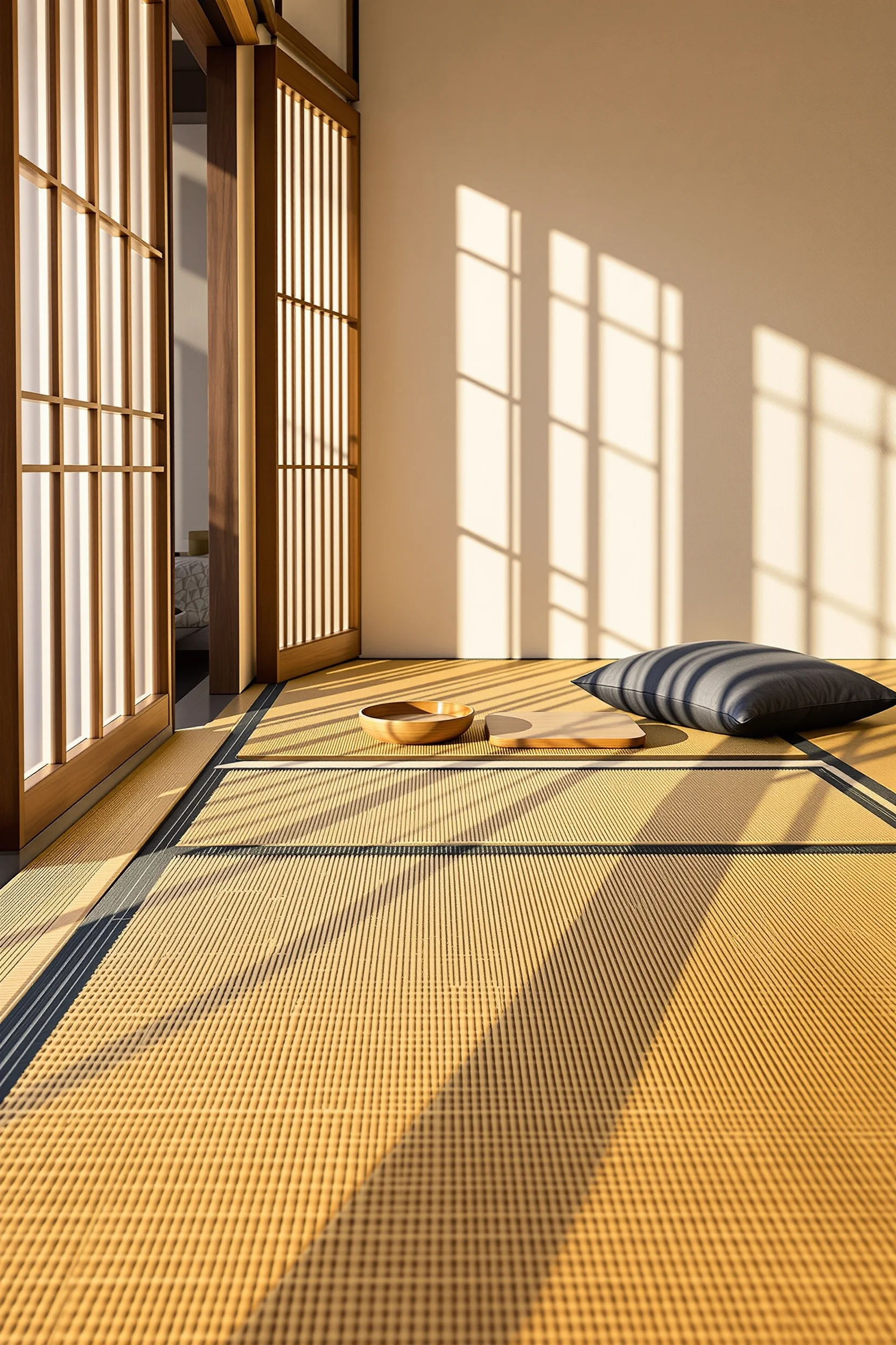 Modern Japanese apartment with handcrafted tatami mat and bamboo table