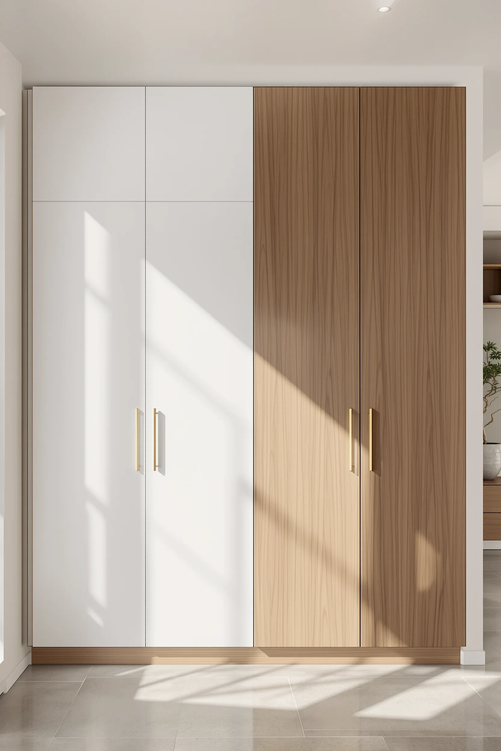 Geometric storage combining warm wood tones and white lacquer