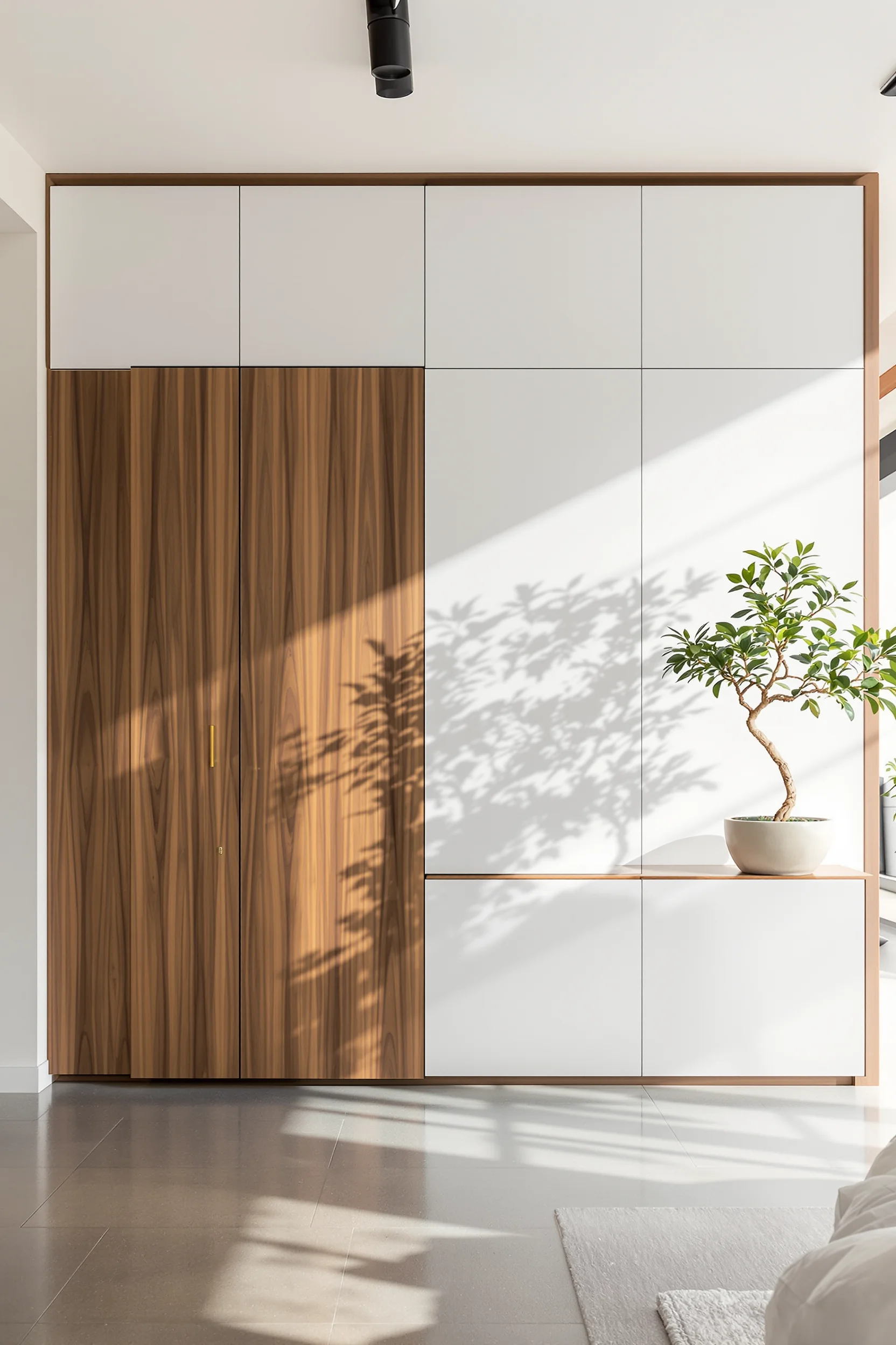 Walnut storage wall with white cabinets and natural light