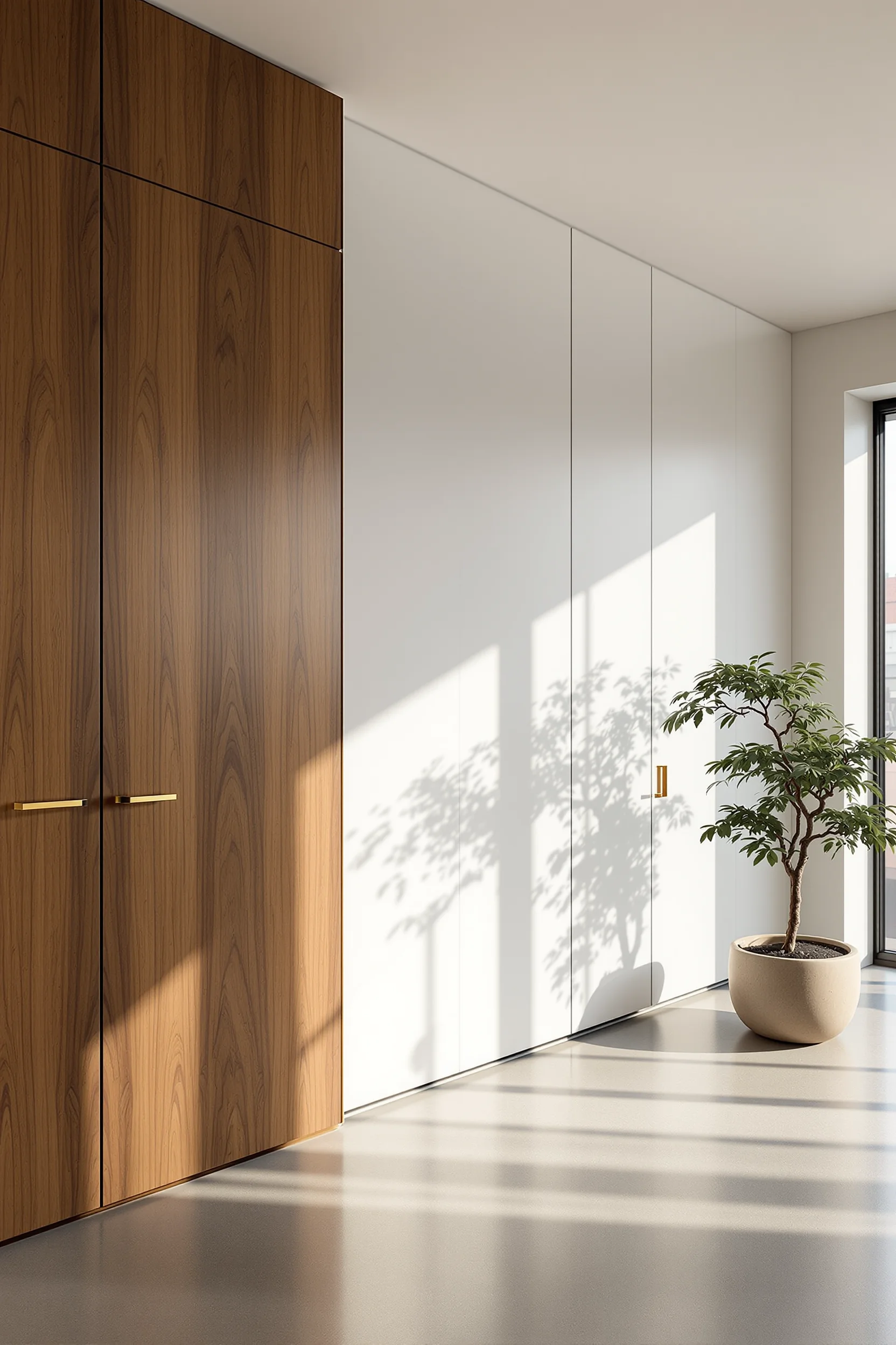 Built-in wooden cabinetry with brass handles and bonsai accent