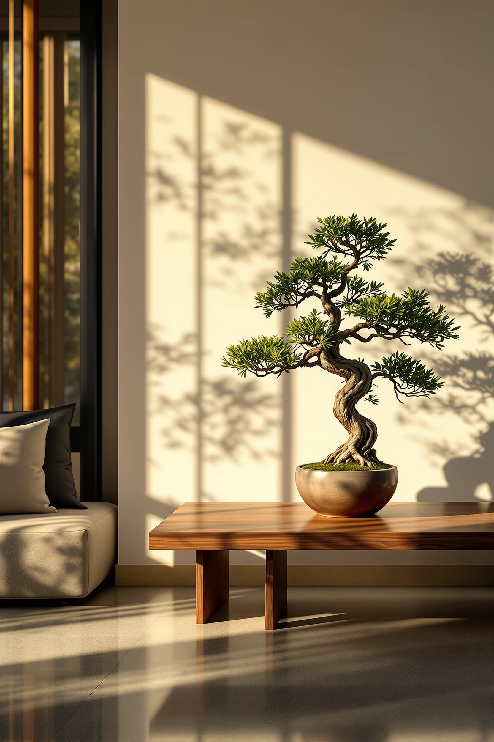 Natural linen seating with charcoal pillow and bonsai in ceramic pot
