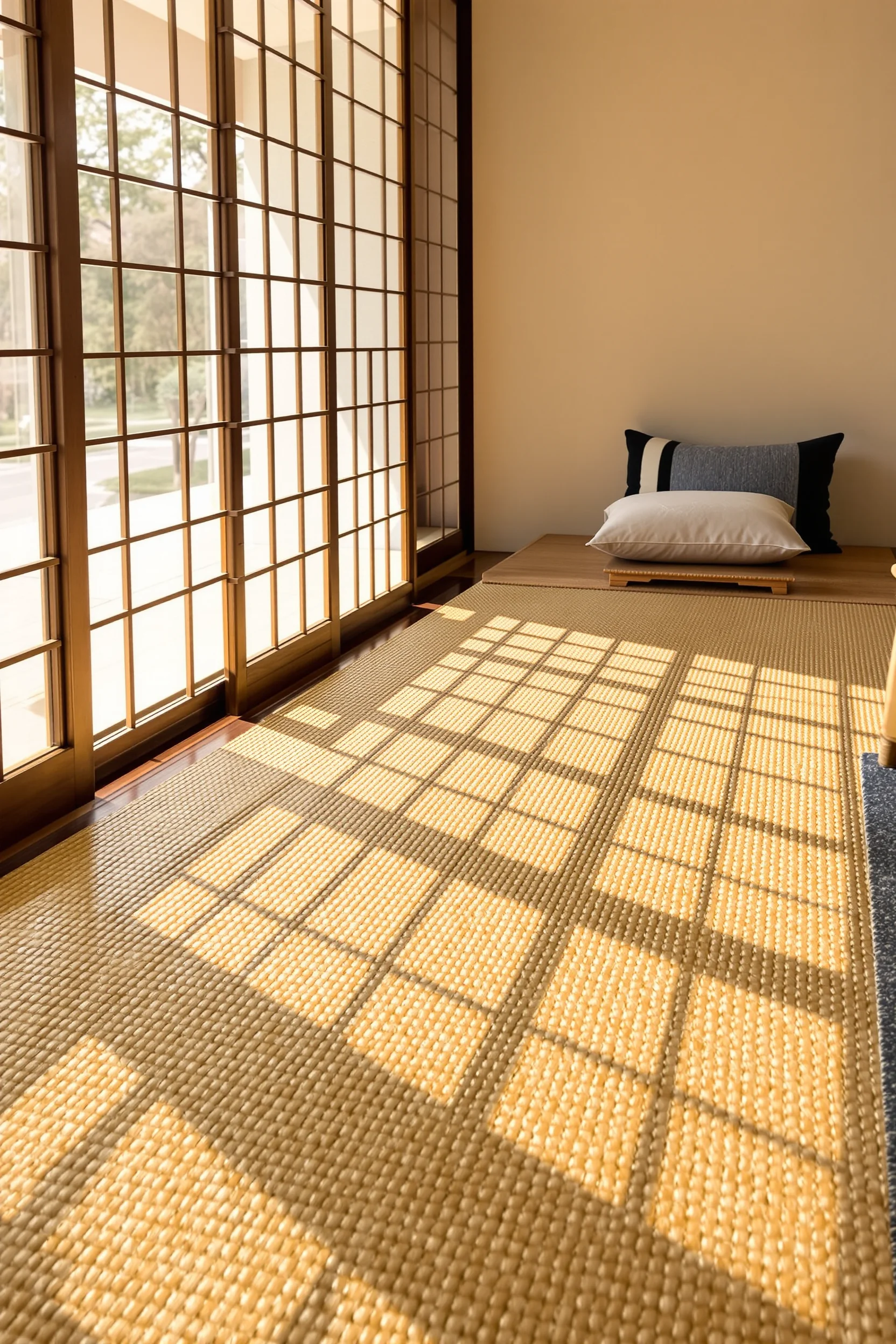 Tatami mat floor with bamboo table and shoji screen shadows in golden light