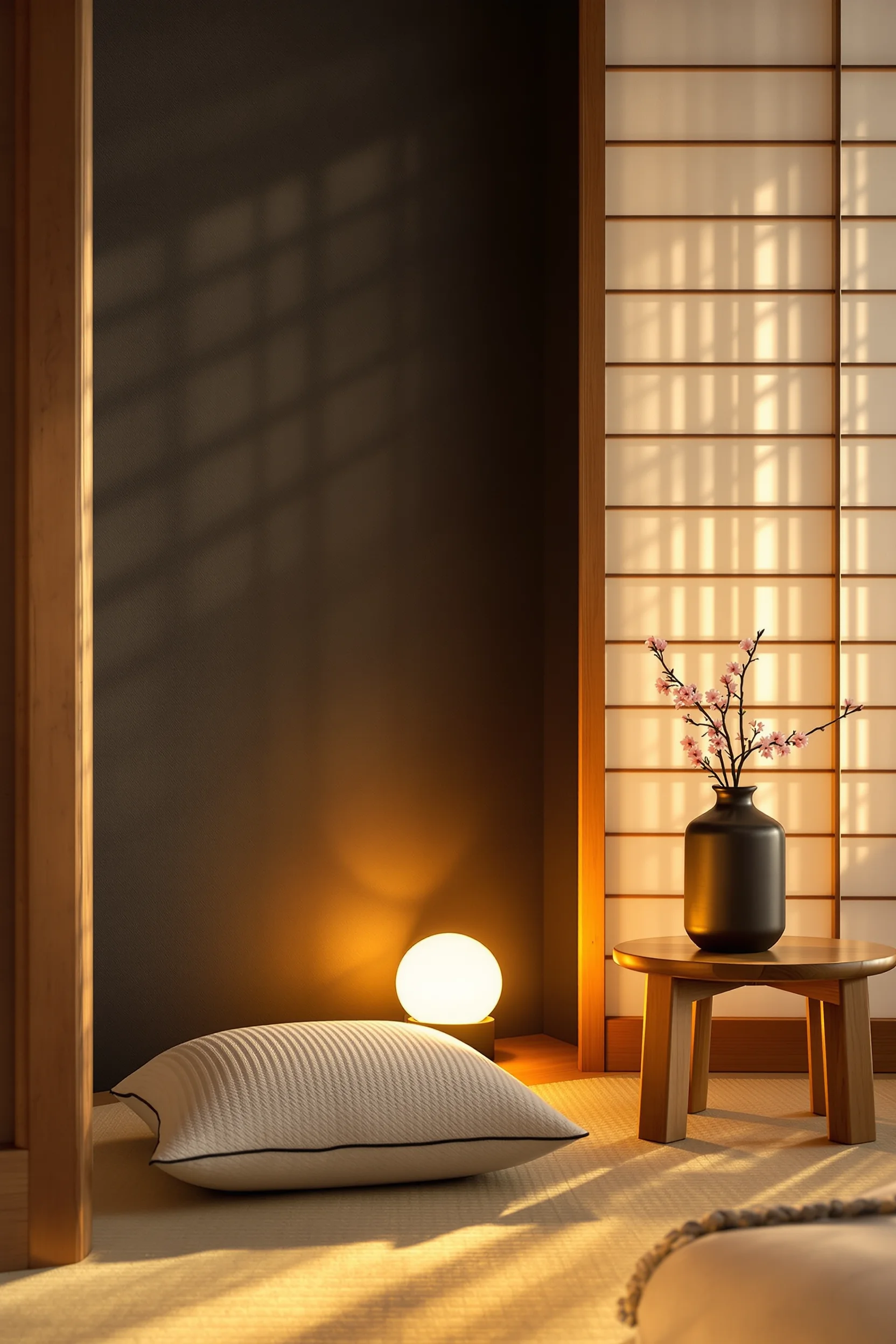 Glowing paper lamp with charcoal walls and cream tatami floor