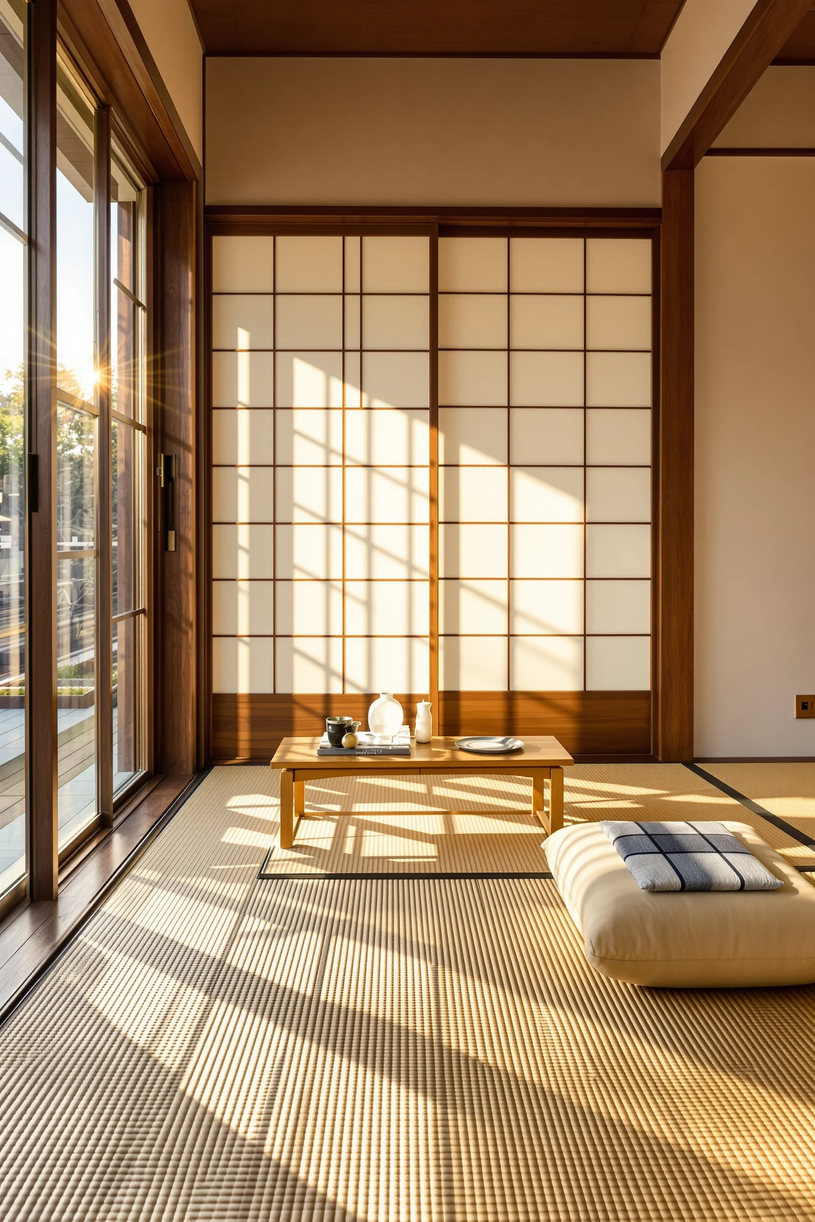 Natural tatami texture with walnut trim and silk cushion in minimalist room