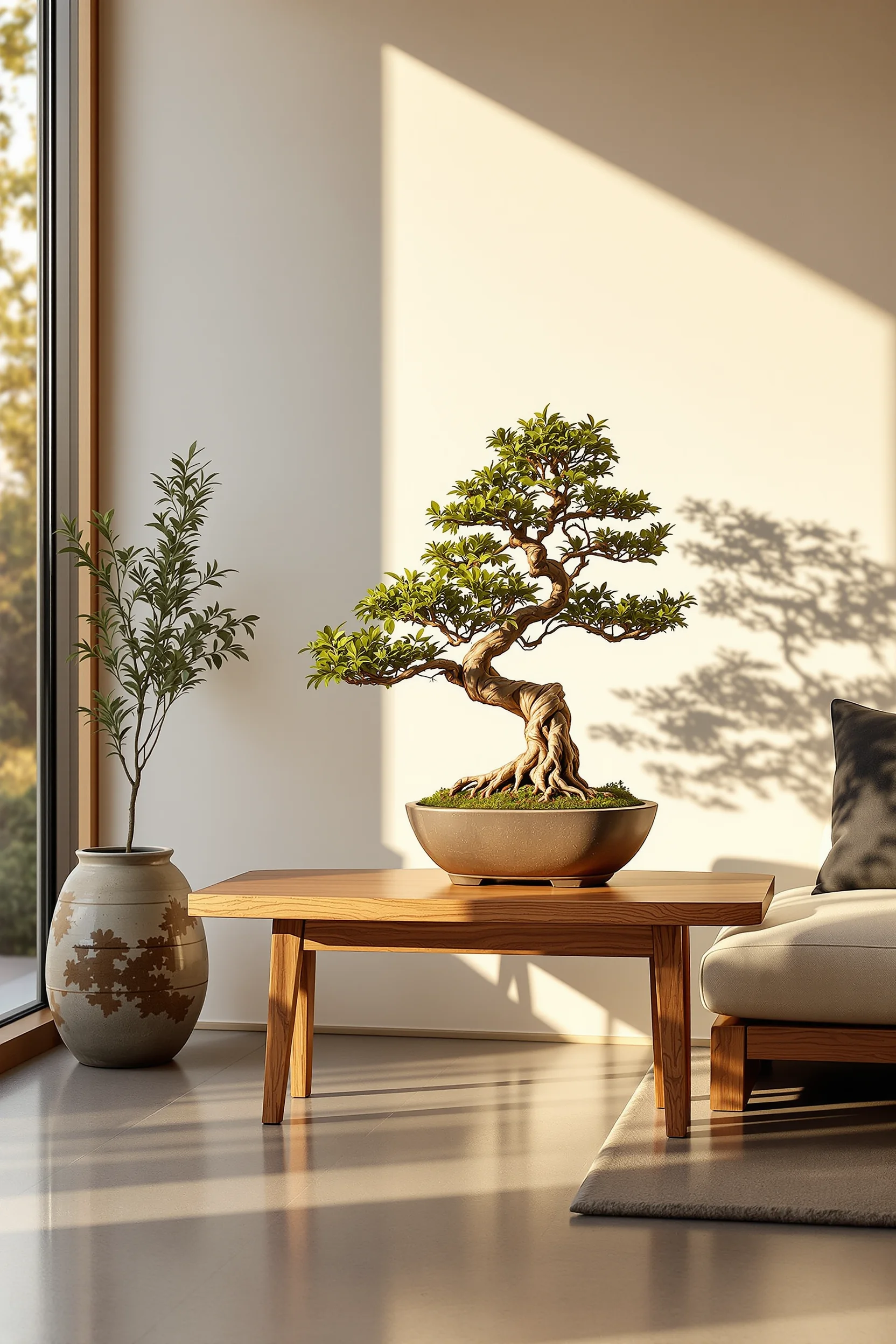 Polished concrete floor with warm wood details and bonsai tree