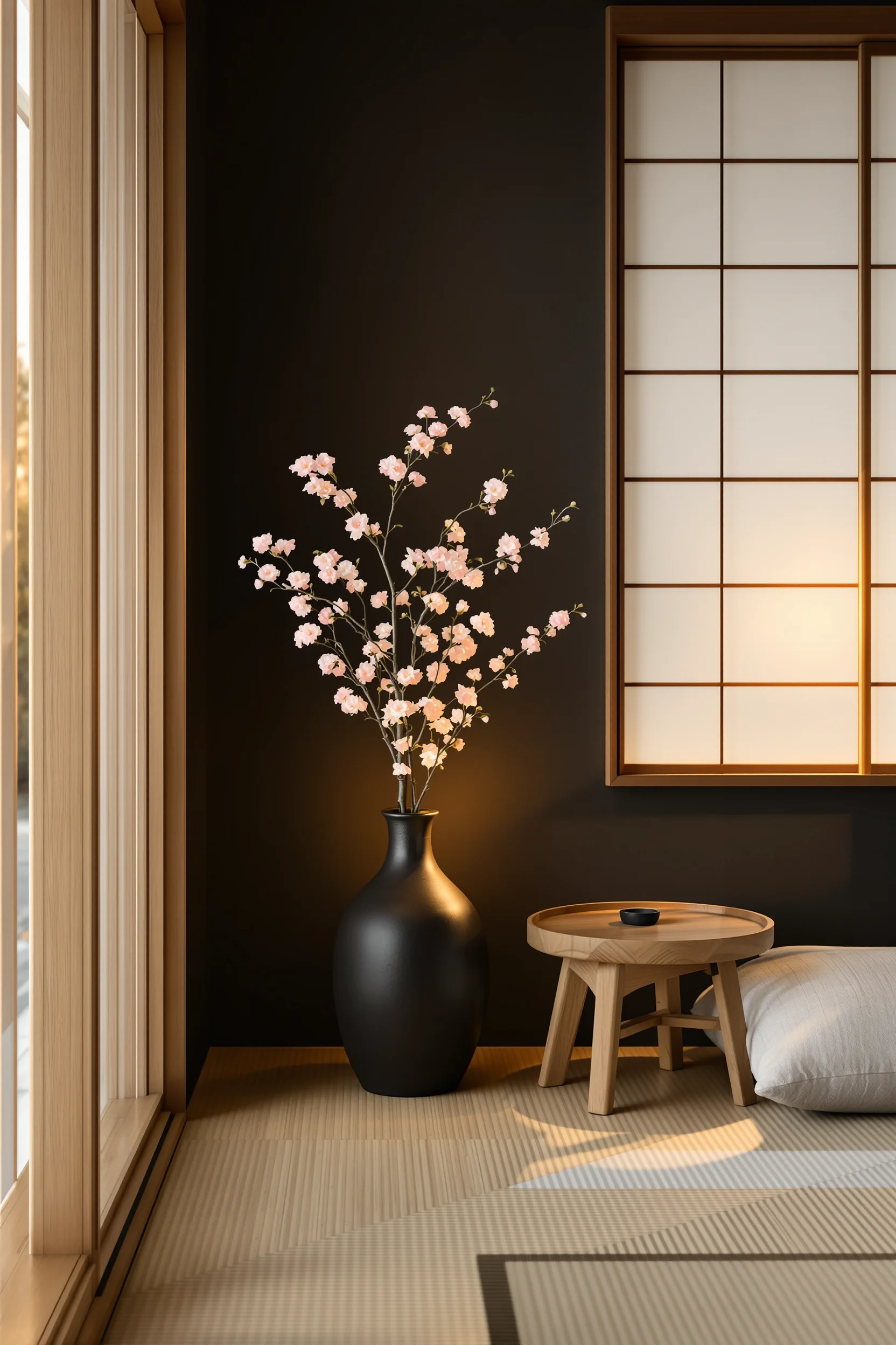 Golden hour sunlight through shoji screen with bamboo table and cherry blossom branch