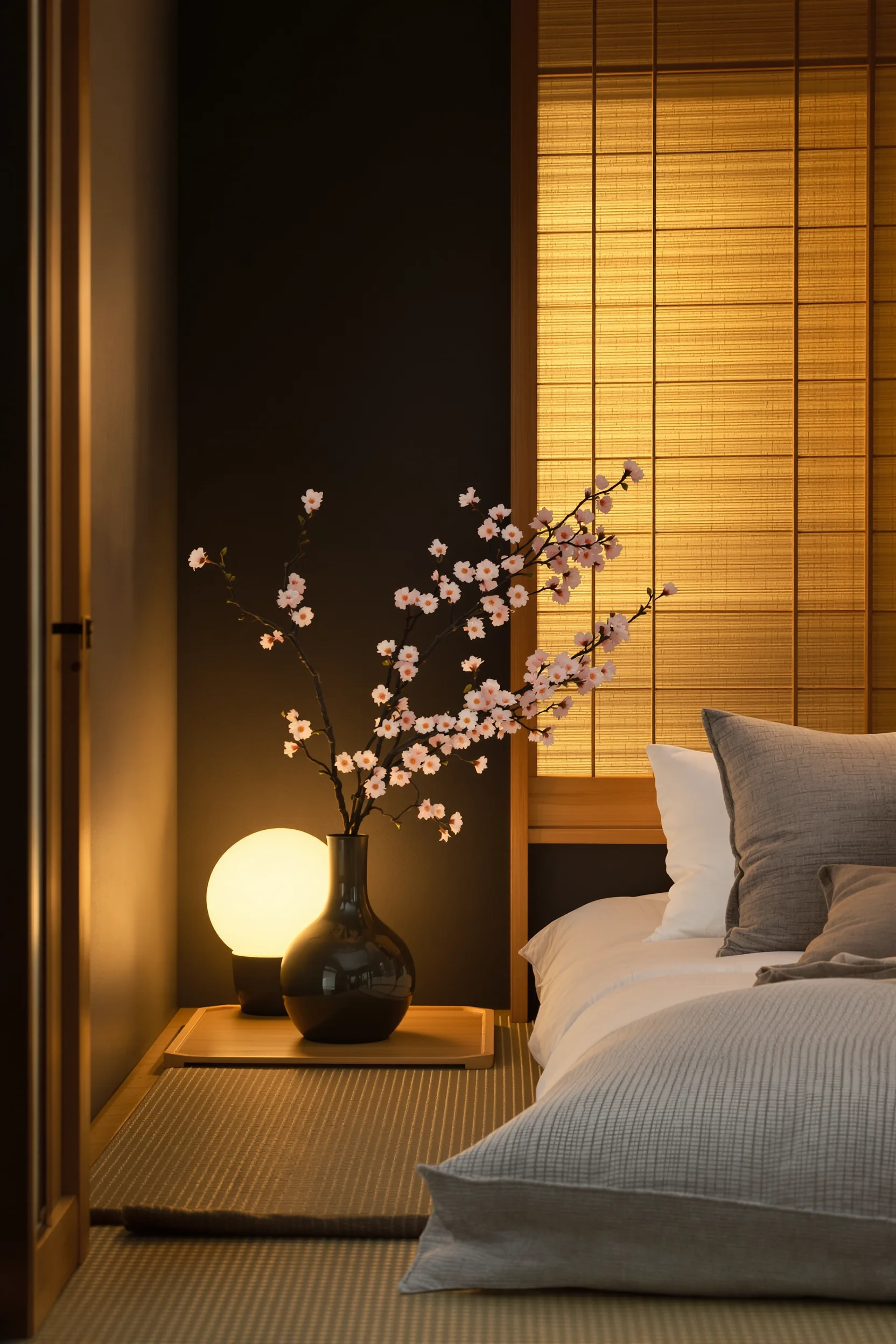 Japanese studio apartment with handwoven textiles and bamboo grain