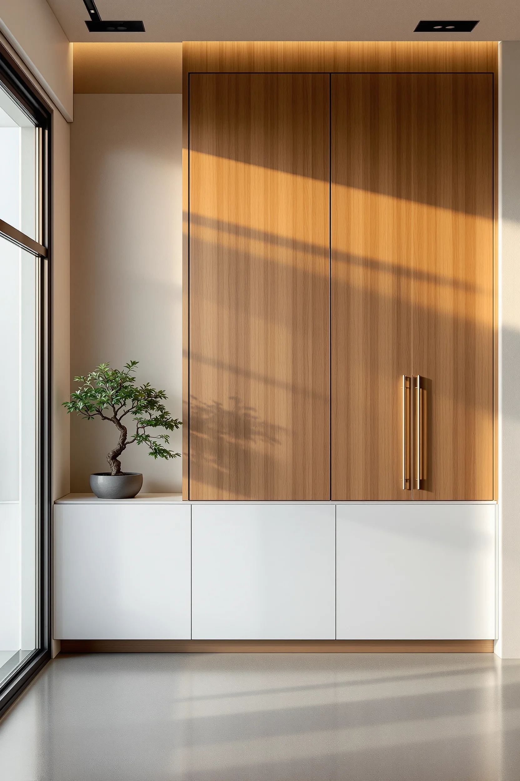 Hinoki wood panel wall system with concrete flooring and plant styling