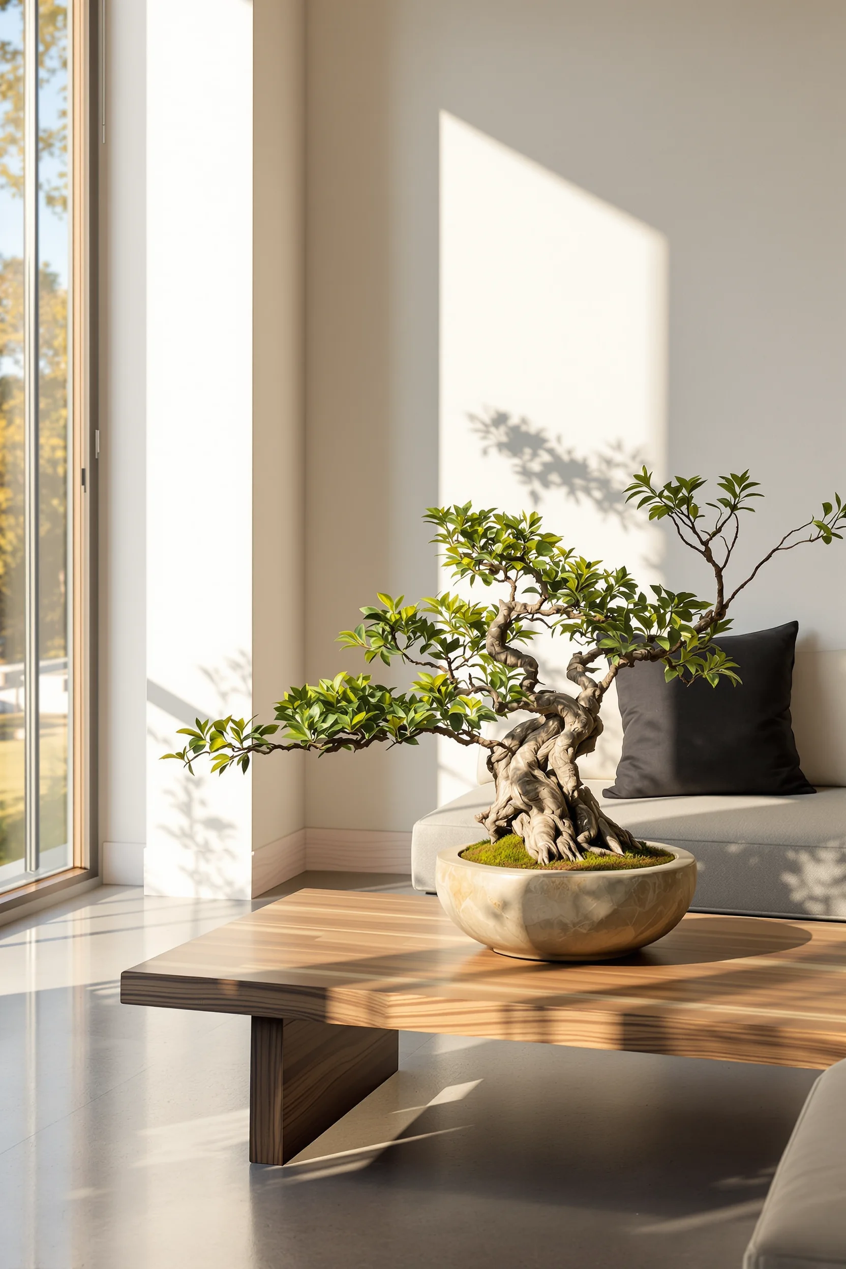 Minimalist living room with bonsai centerpiece and golden hour sunlight