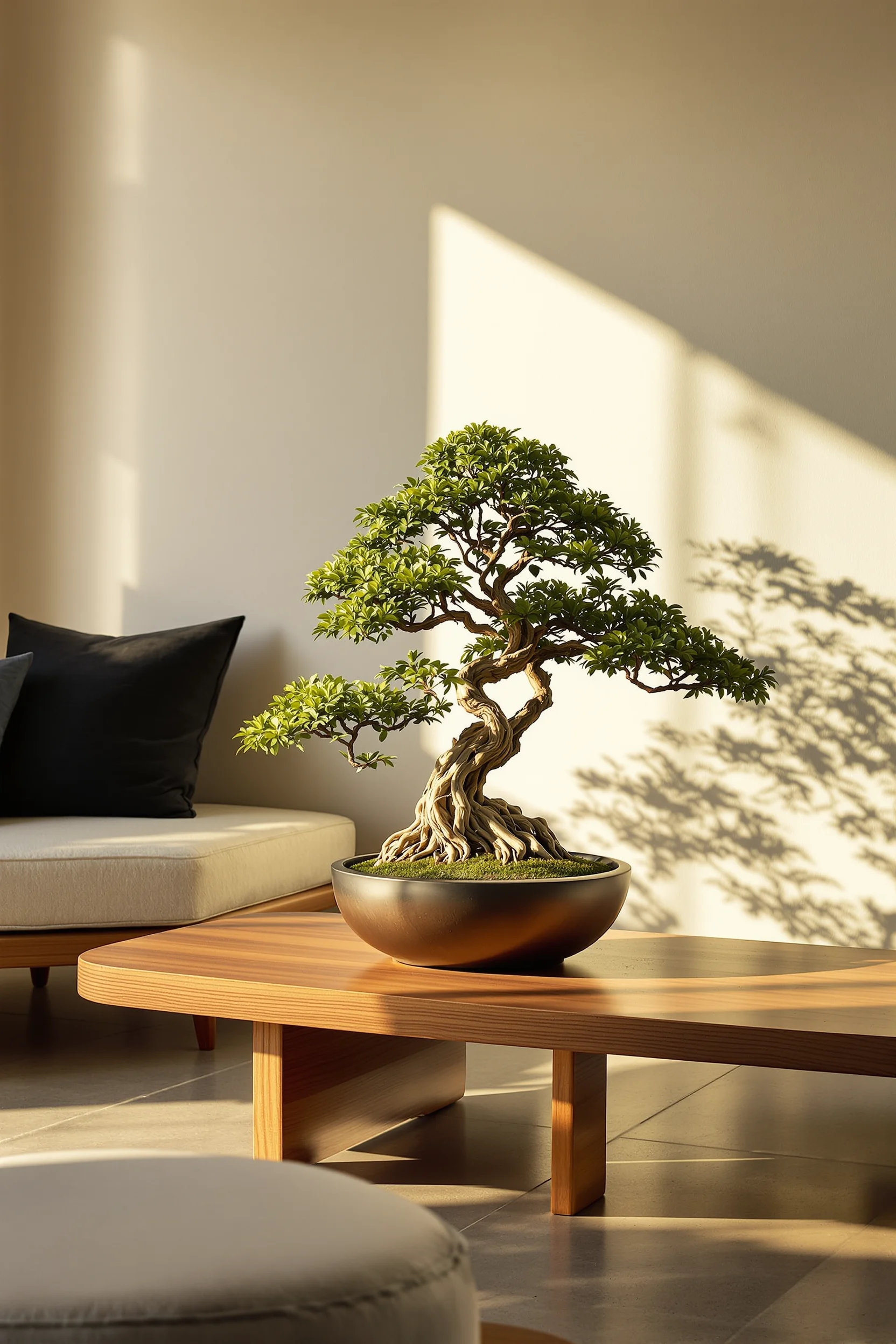 Sculptured bonsai tree on walnut table with dramatic side lighting