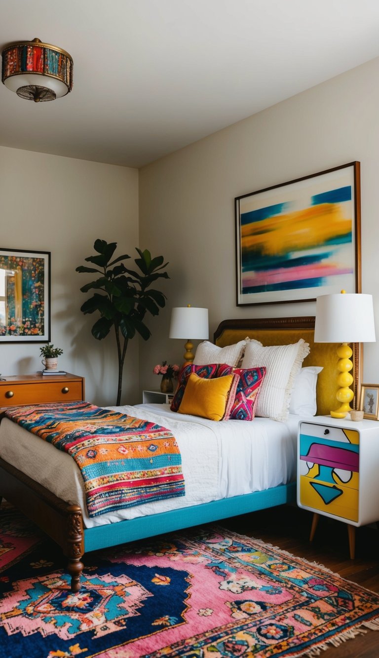 A warm bedroom combining vintage furnishings with modern décor. A vibrant rug, mismatched nightstands, and colorful artwork create a boho eclectic atmosphere