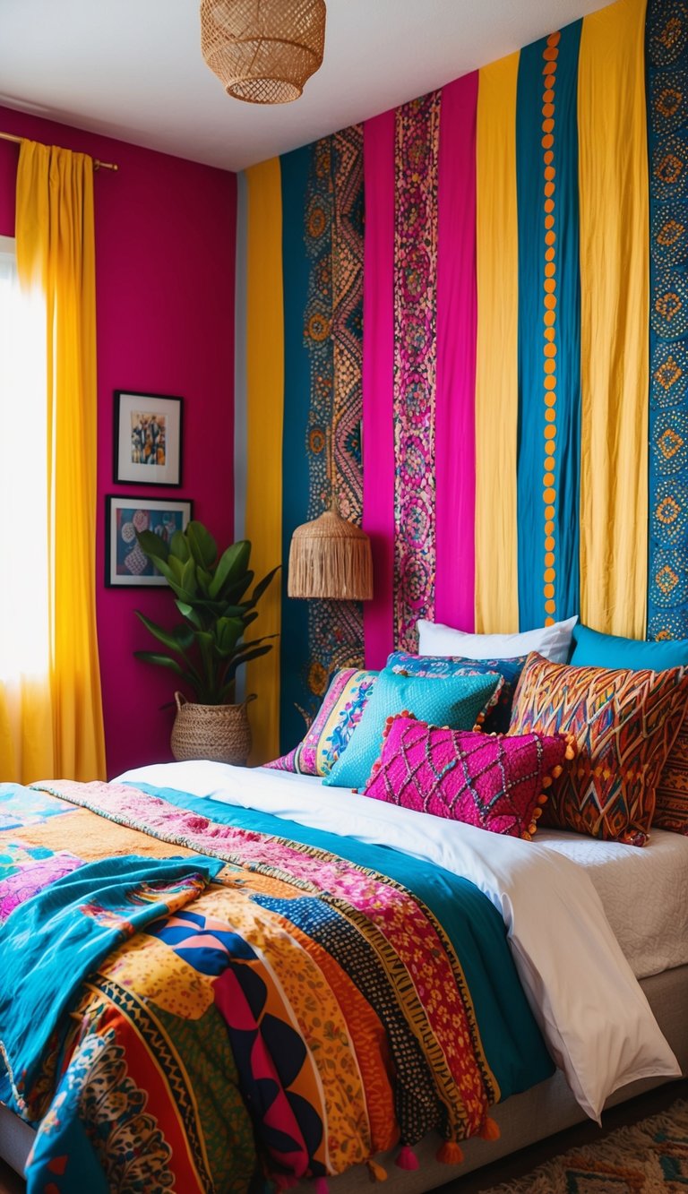 A lively bohemian bedroom featuring bold, colorful patterns on walls, bedding, and décor. A dynamic mix of textures and prints creates an inviting atmosphere