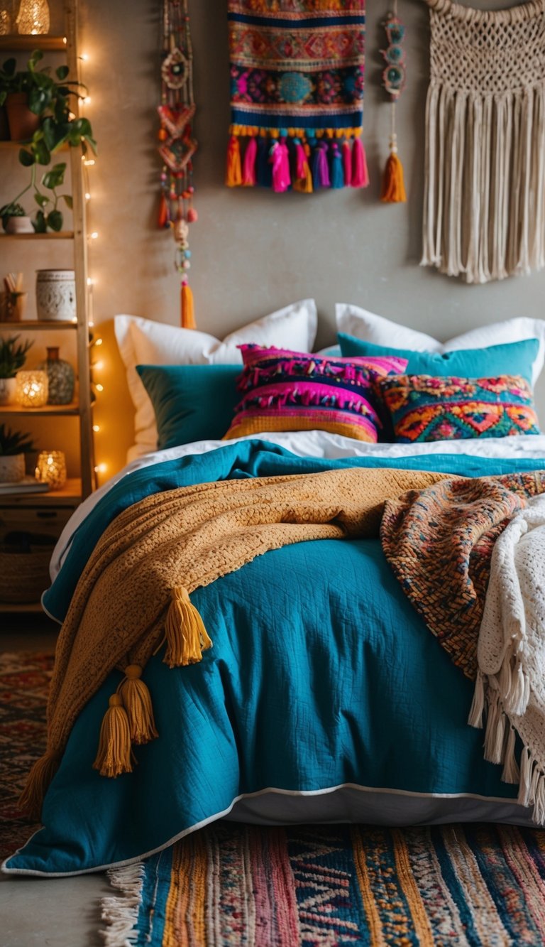 A bed adorned with colorful, textured throws surrounded by eclectic boho décor