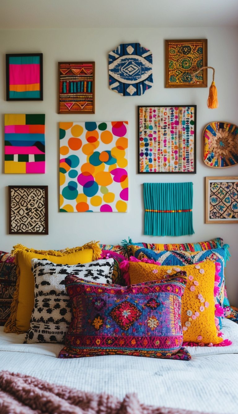 Bedroom walls decorated with vibrant, mismatched art pieces creating an eclectic boho vibe