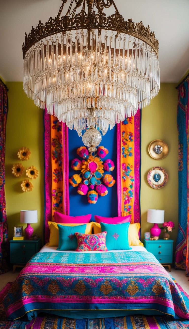 Ornate chandelier above a vibrant boho bedroom with colorful textiles