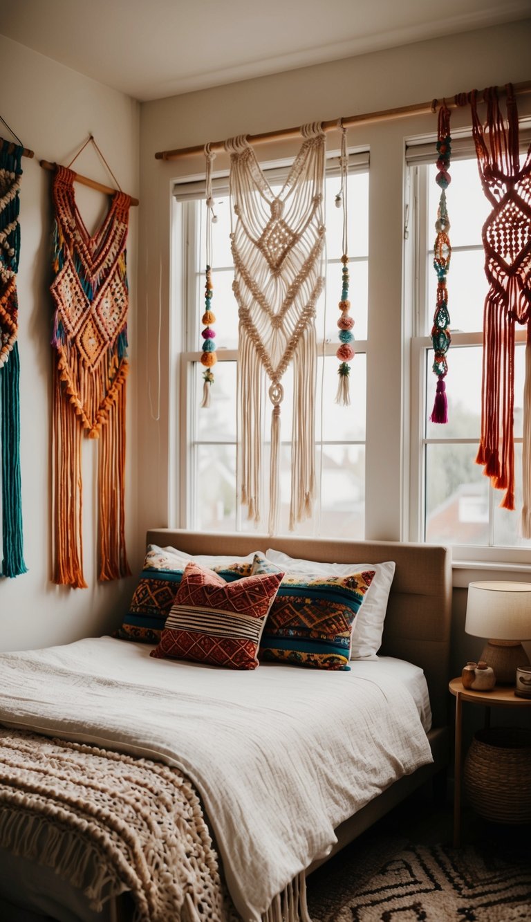 Colorful macramé hangings decorating a boho bedroom