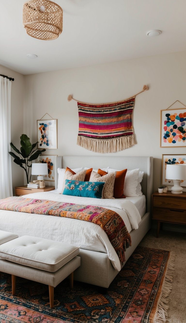 Boho bedroom with neutral walls and furniture accented by colorful pillows, rugs, and wall art