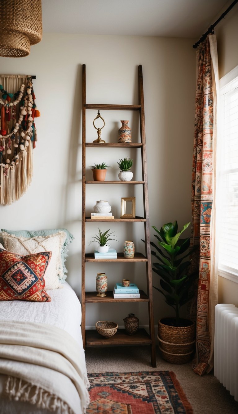 Antique ladder shelf displaying eclectic décor in a boho bedroom