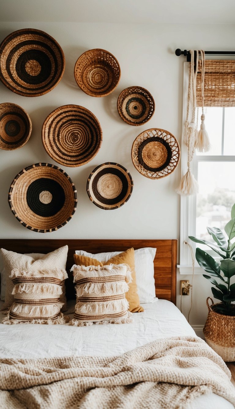 Woven baskets hanging on the wall adding texture and boho charm