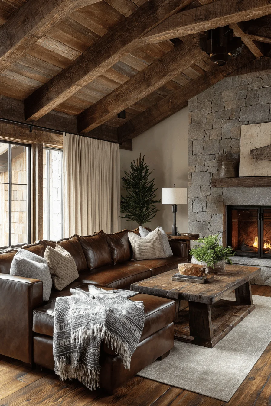 ranch living room designs featuring brown leather sectional with home decor elements and natural stone fireplace lighting