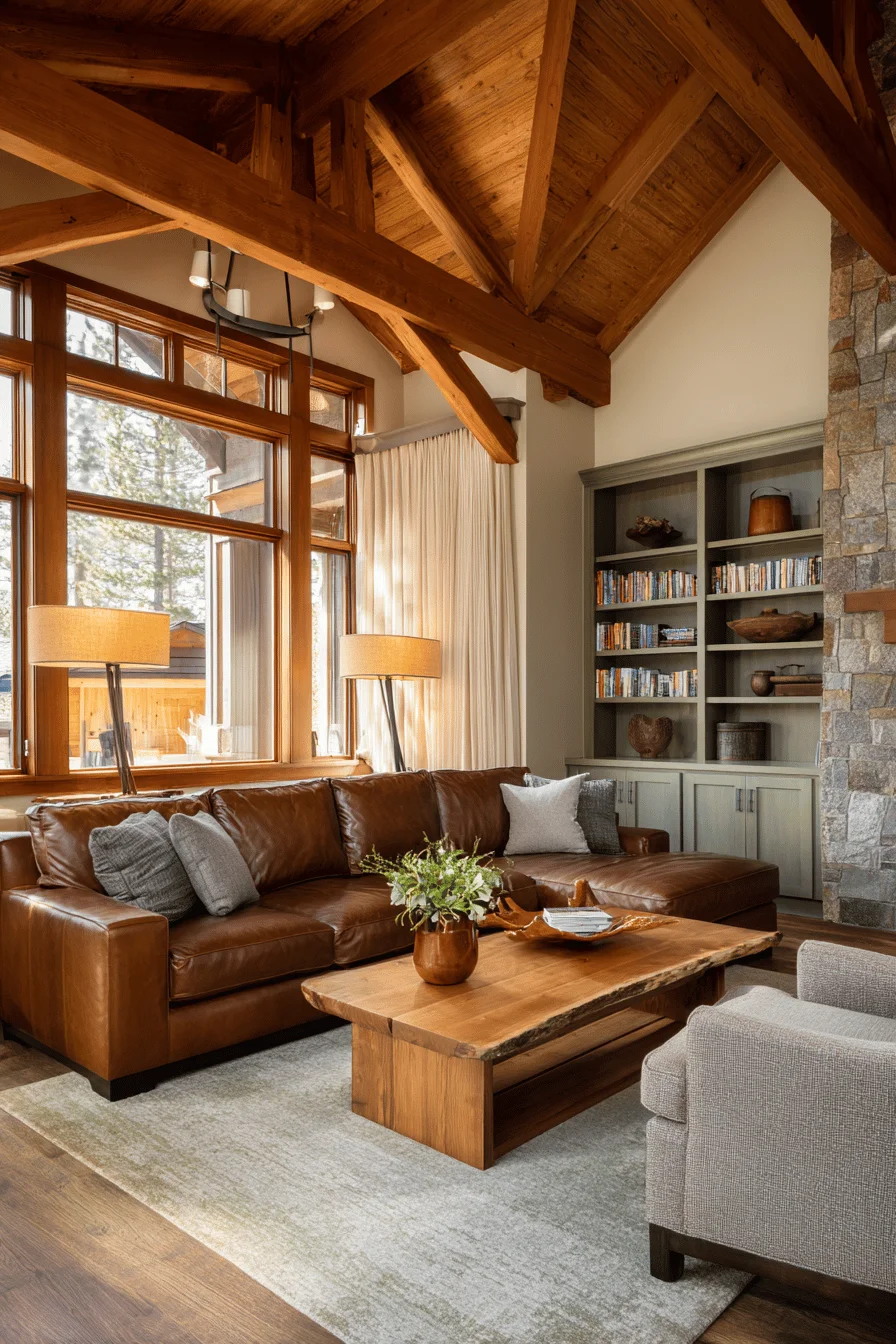 kitchen and living room combo with warm brass lighting showcasing cozy house design and ranch house living room elements